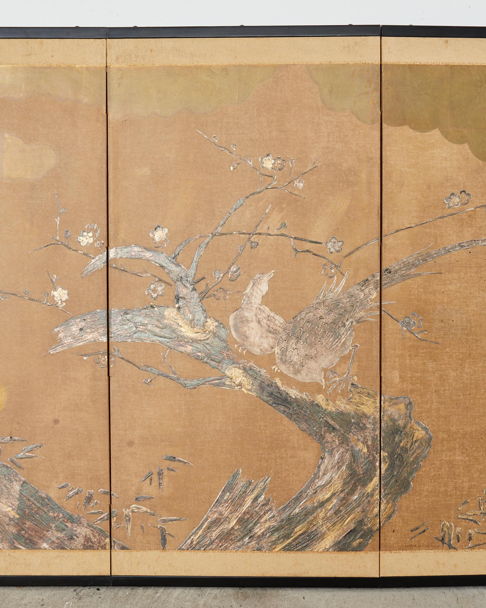 Japanese Style Four Panel Screen Pheasants on Prunus Tree In Good Condition For Sale In Rio Vista, CA