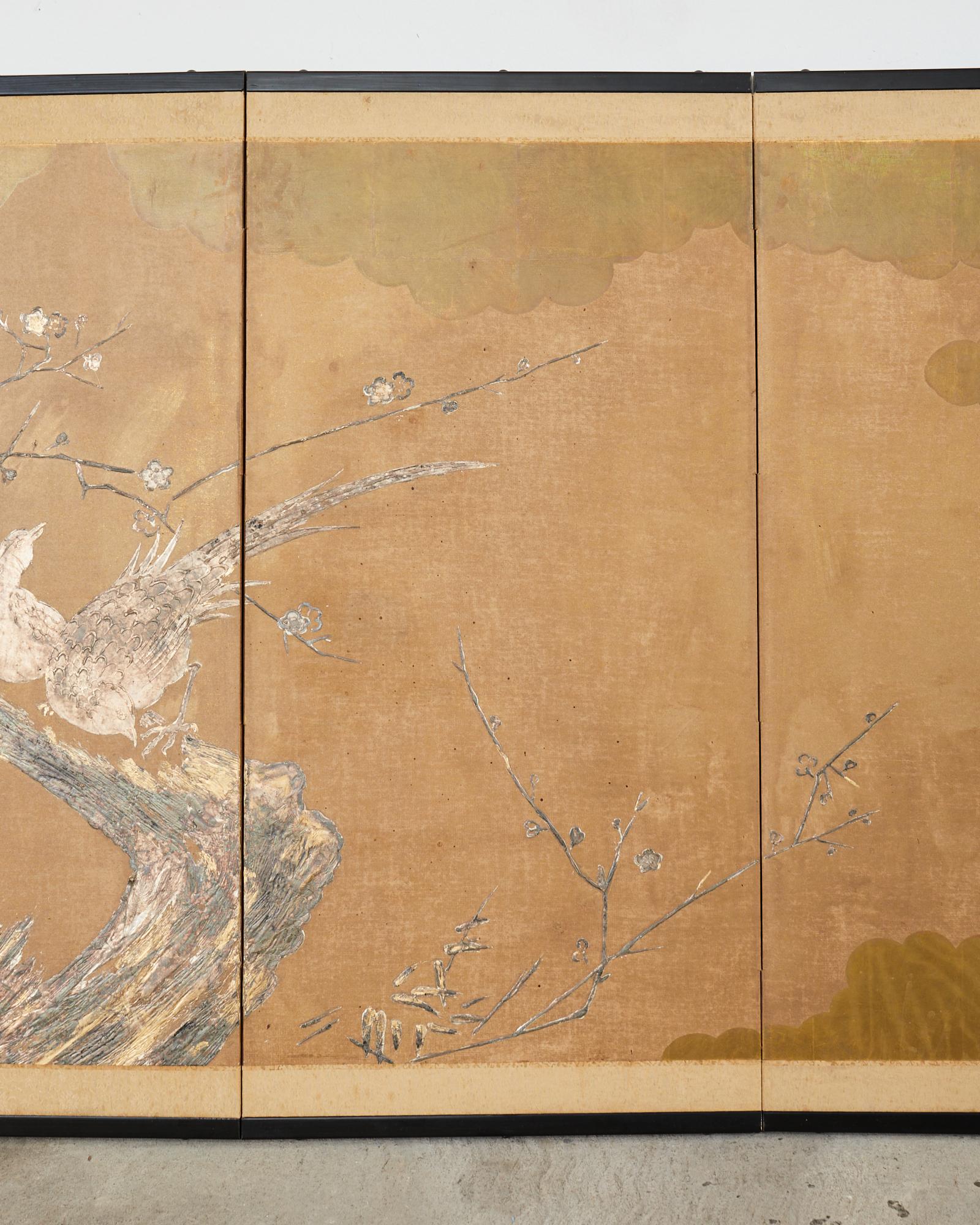 20th Century Japanese Style Four Panel Screen Pheasants on Prunus Tree For Sale