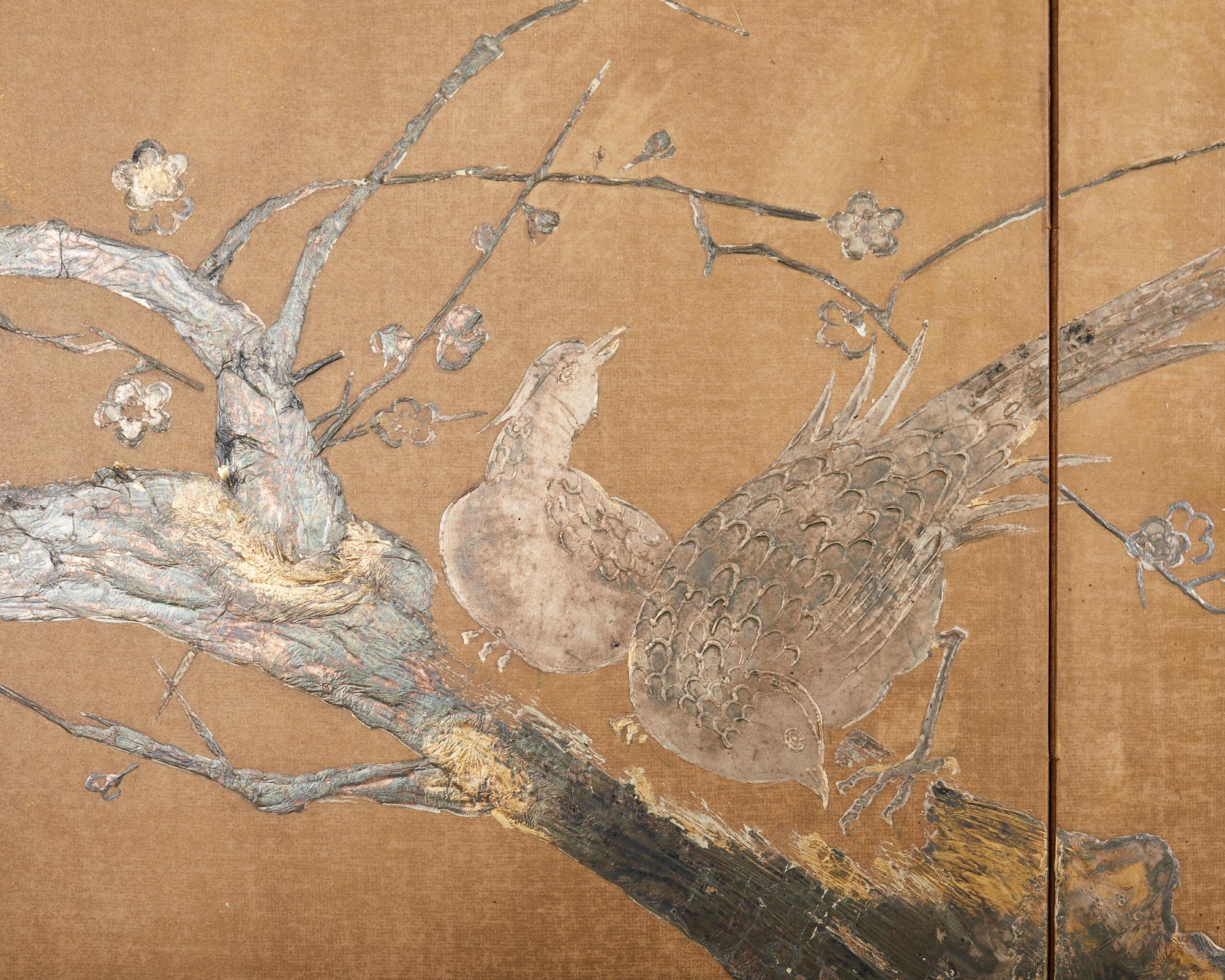 Japanese Style Four Panel Screen Pheasants on Prunus Tree For Sale 2
