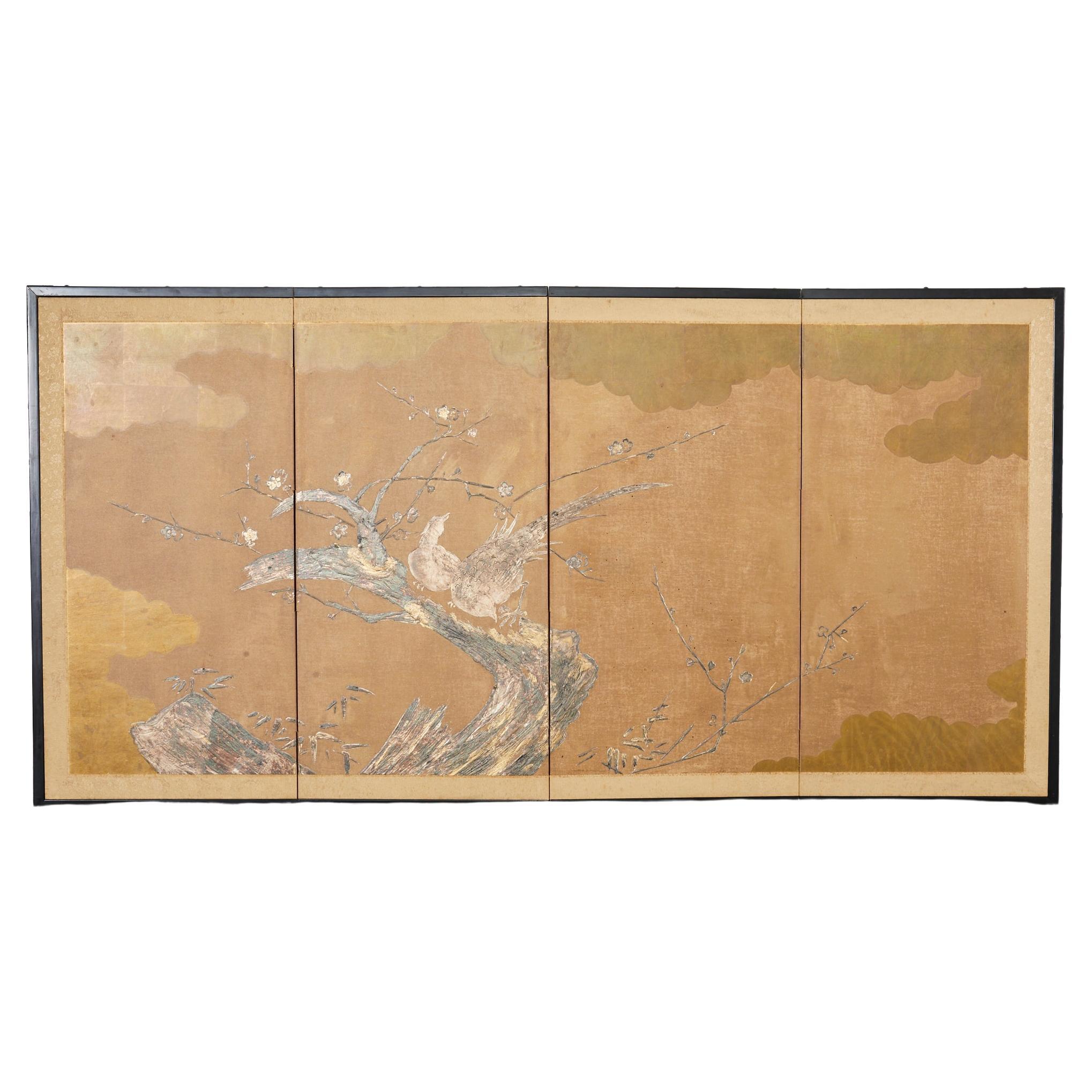Japanese Style Four Panel Screen Pheasants on Prunus Tree For Sale
