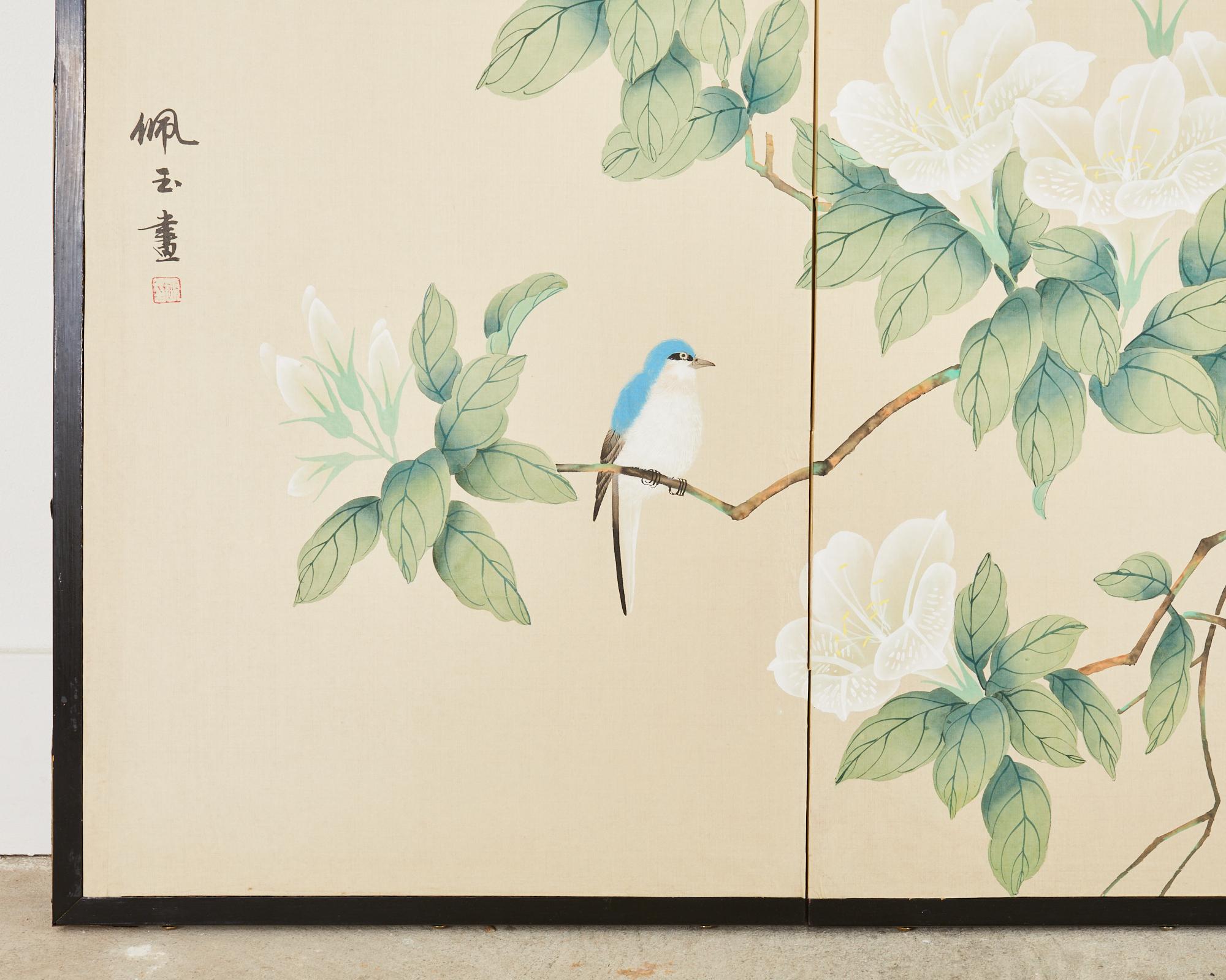 Japanese Style Four Panel Screen Songbirds in Flowering White Lily 6