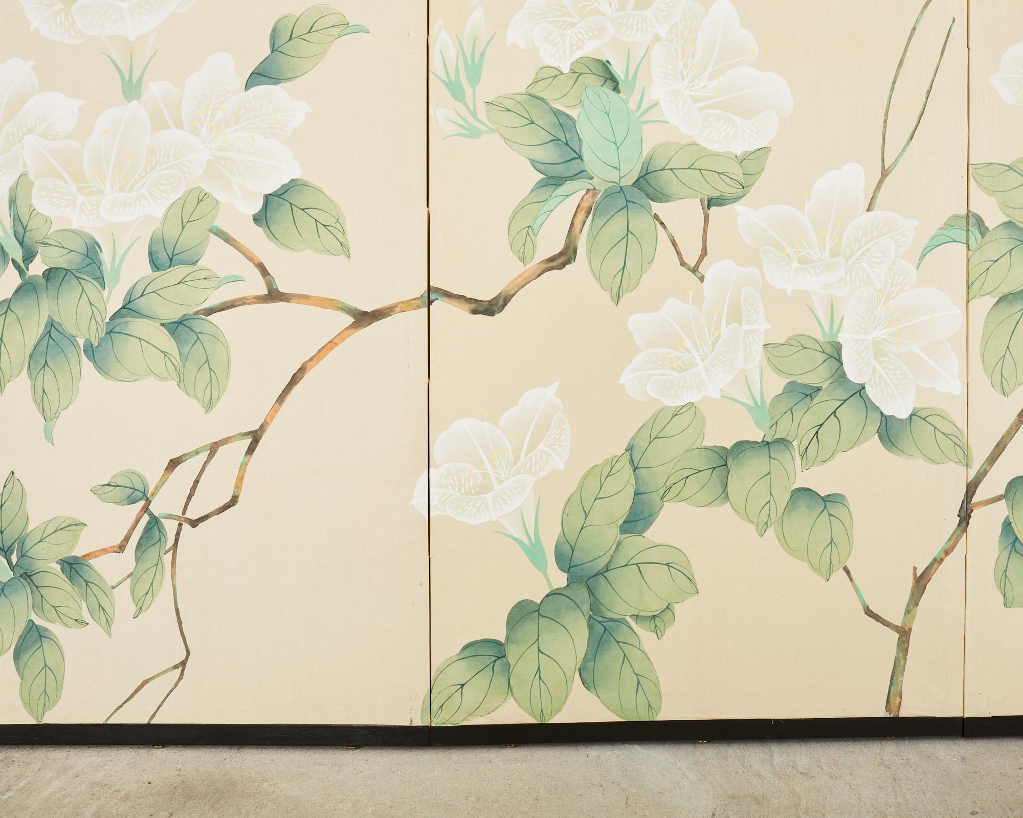 Japanese Style Four Panel Screen Songbirds in Flowering White Lily 7