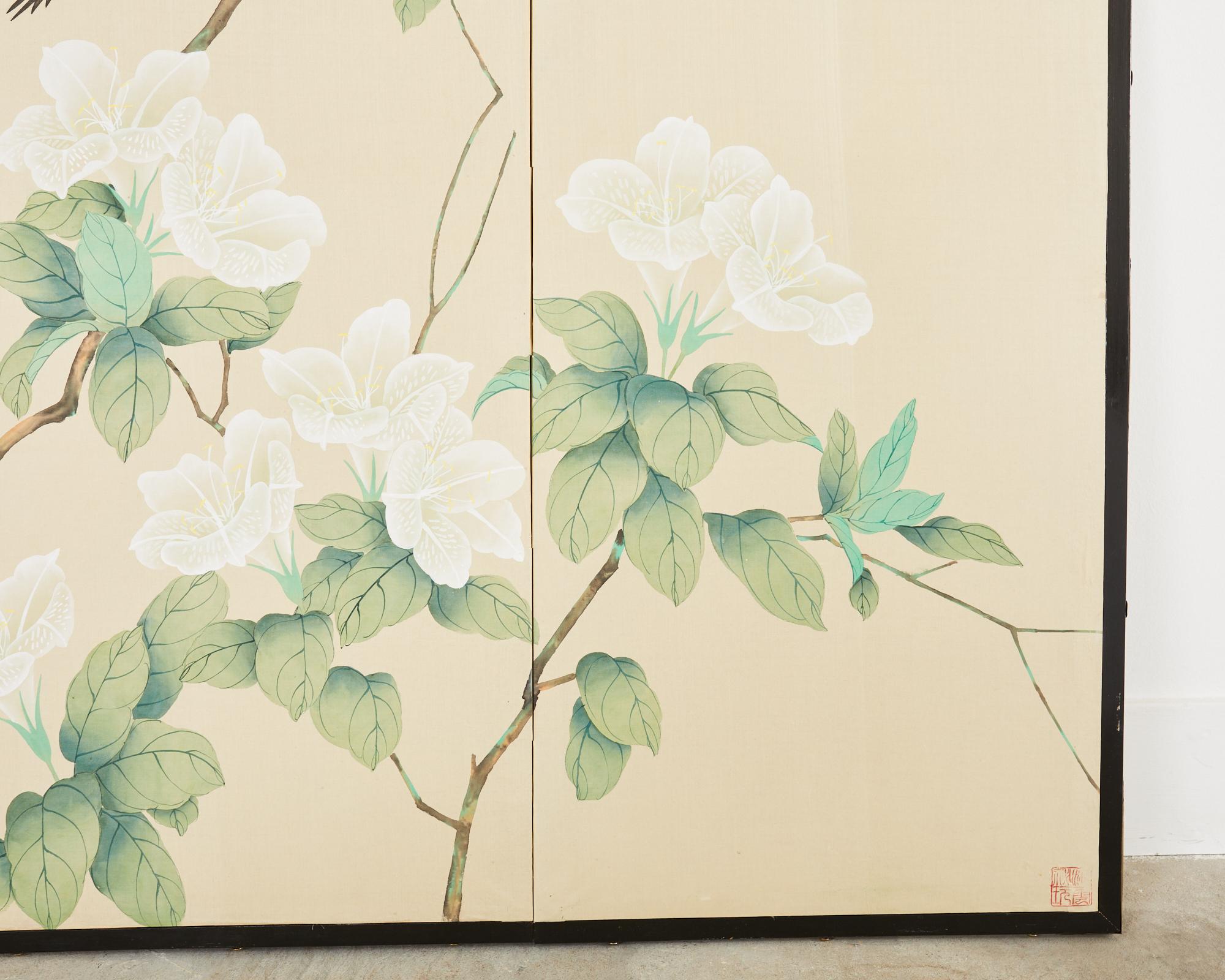Japanese Style Four Panel Screen Songbirds in Flowering White Lily 8