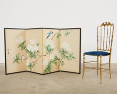 Japanese Style Four Panel Screen Songbirds in Flowering White Lily