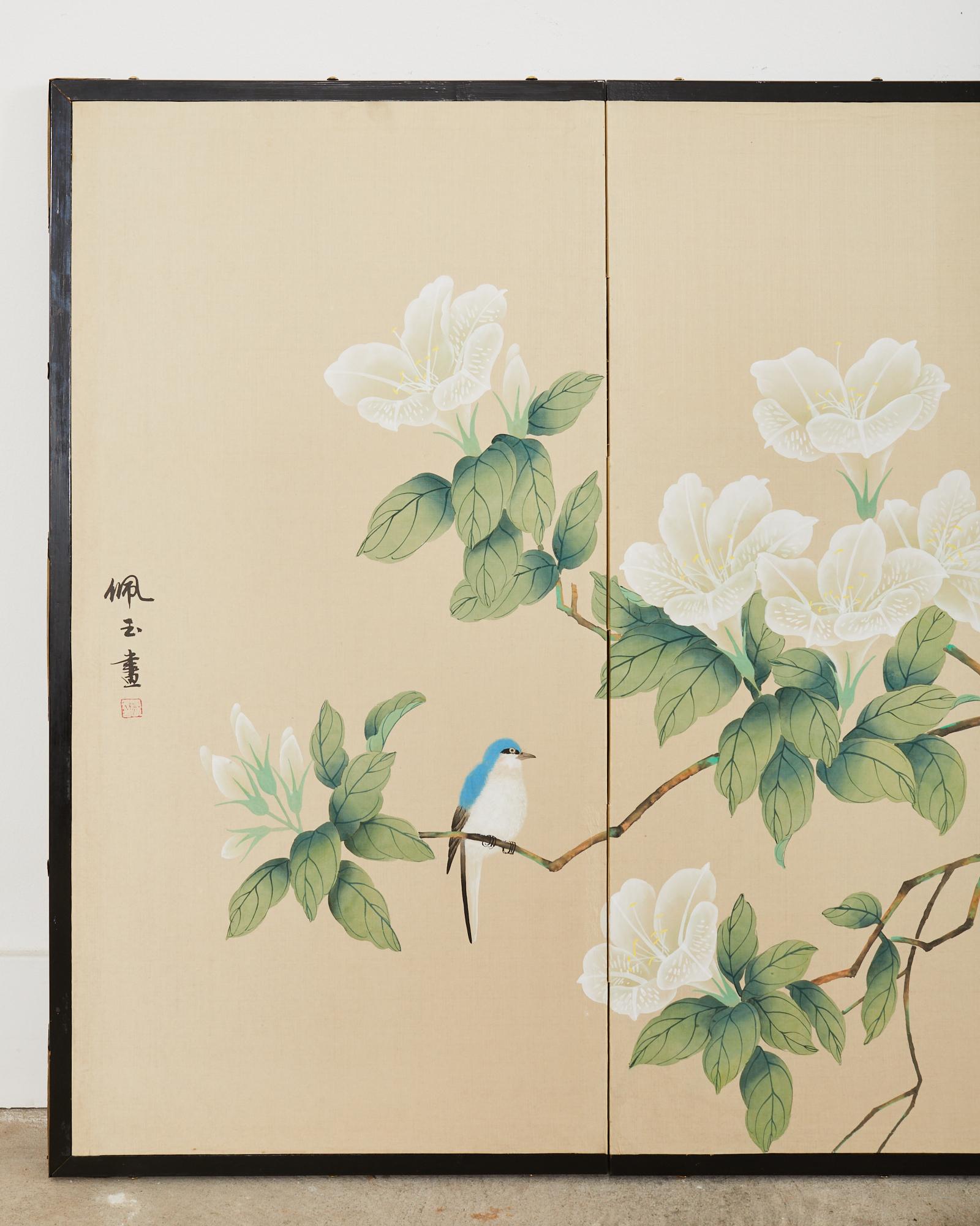 Chinese Export Japanese Style Four Panel Screen Songbirds in Flowering White Lily