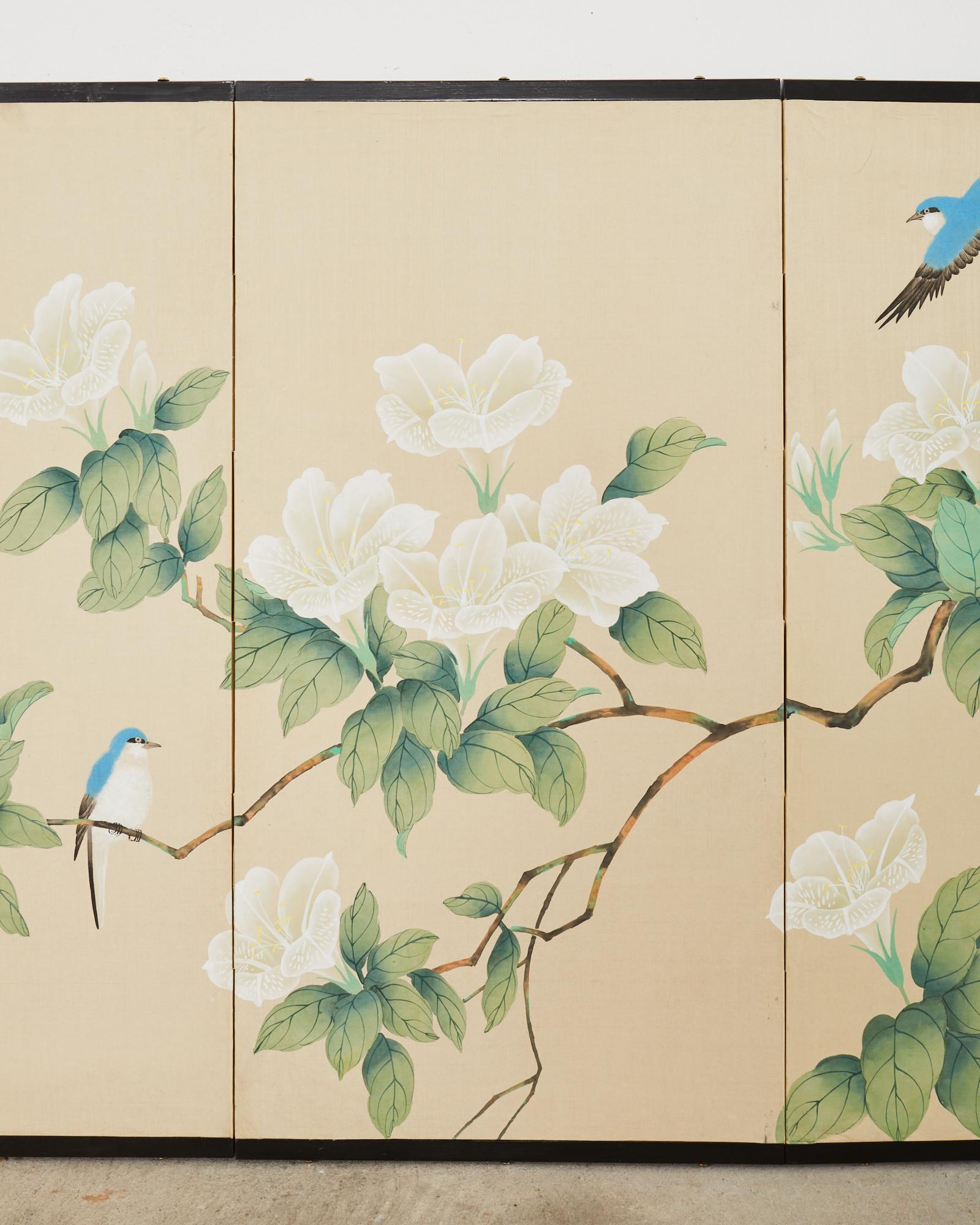 Chinese Japanese Style Four Panel Screen Songbirds in Flowering White Lily