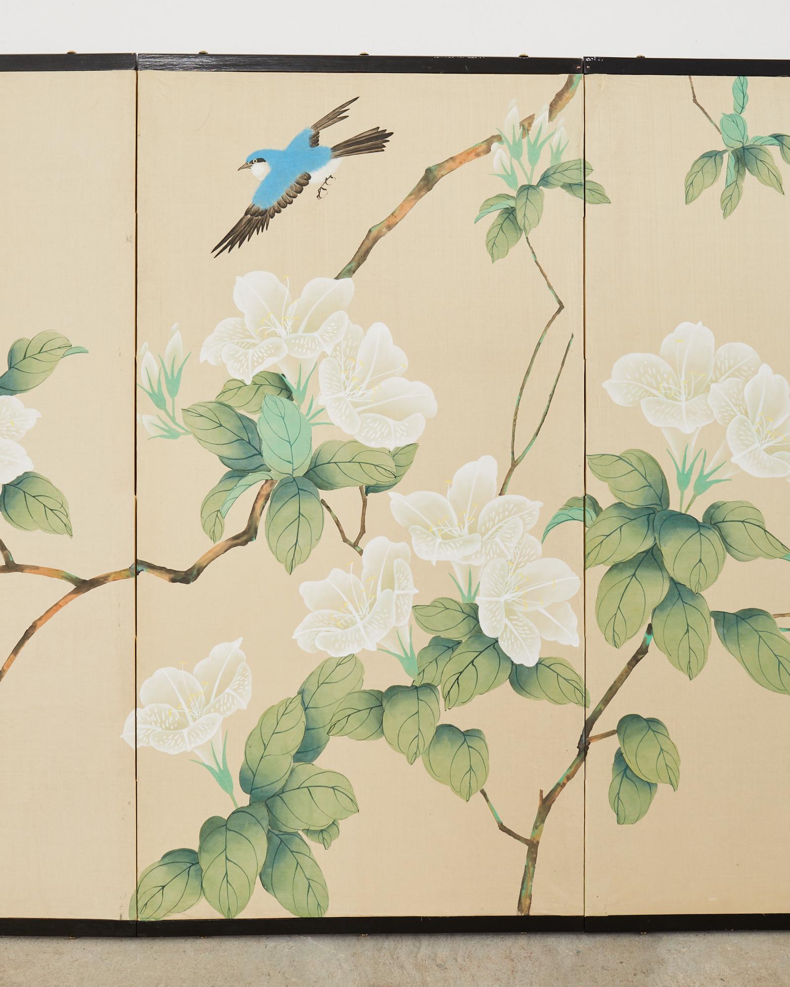 Hand-Crafted Japanese Style Four Panel Screen Songbirds in Flowering White Lily