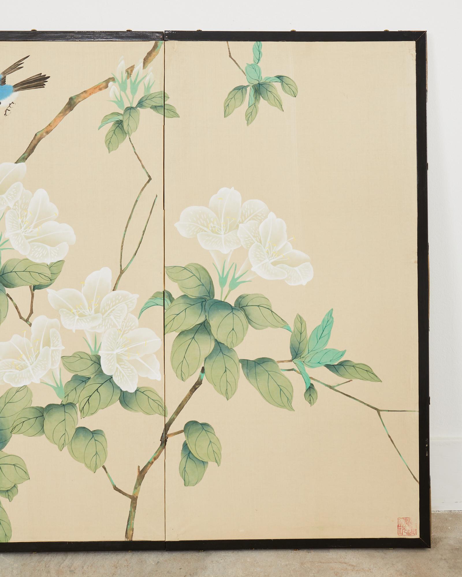 Japanese Style Four Panel Screen Songbirds in Flowering White Lily In Good Condition In Rio Vista, CA