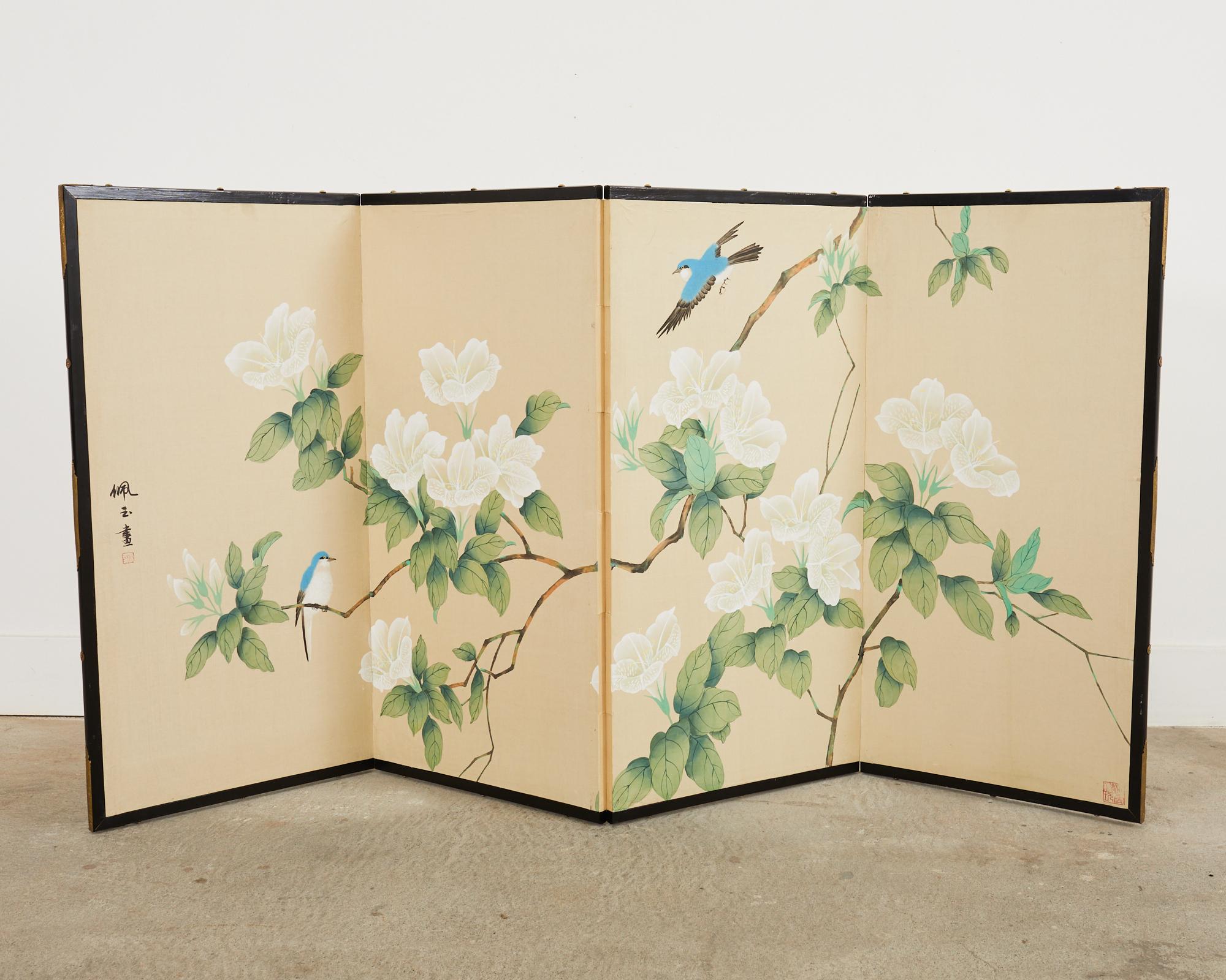 Brass Japanese Style Four Panel Screen Songbirds in Flowering White Lily