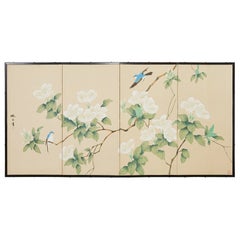 Japanese Style Four Panel Screen Songbirds in Flowering White Lily