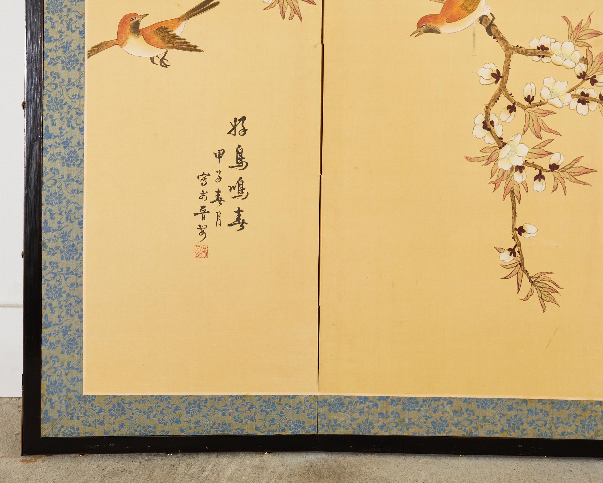 Japanese Style Four Panel Screen Spring Birds Singing For Sale 6