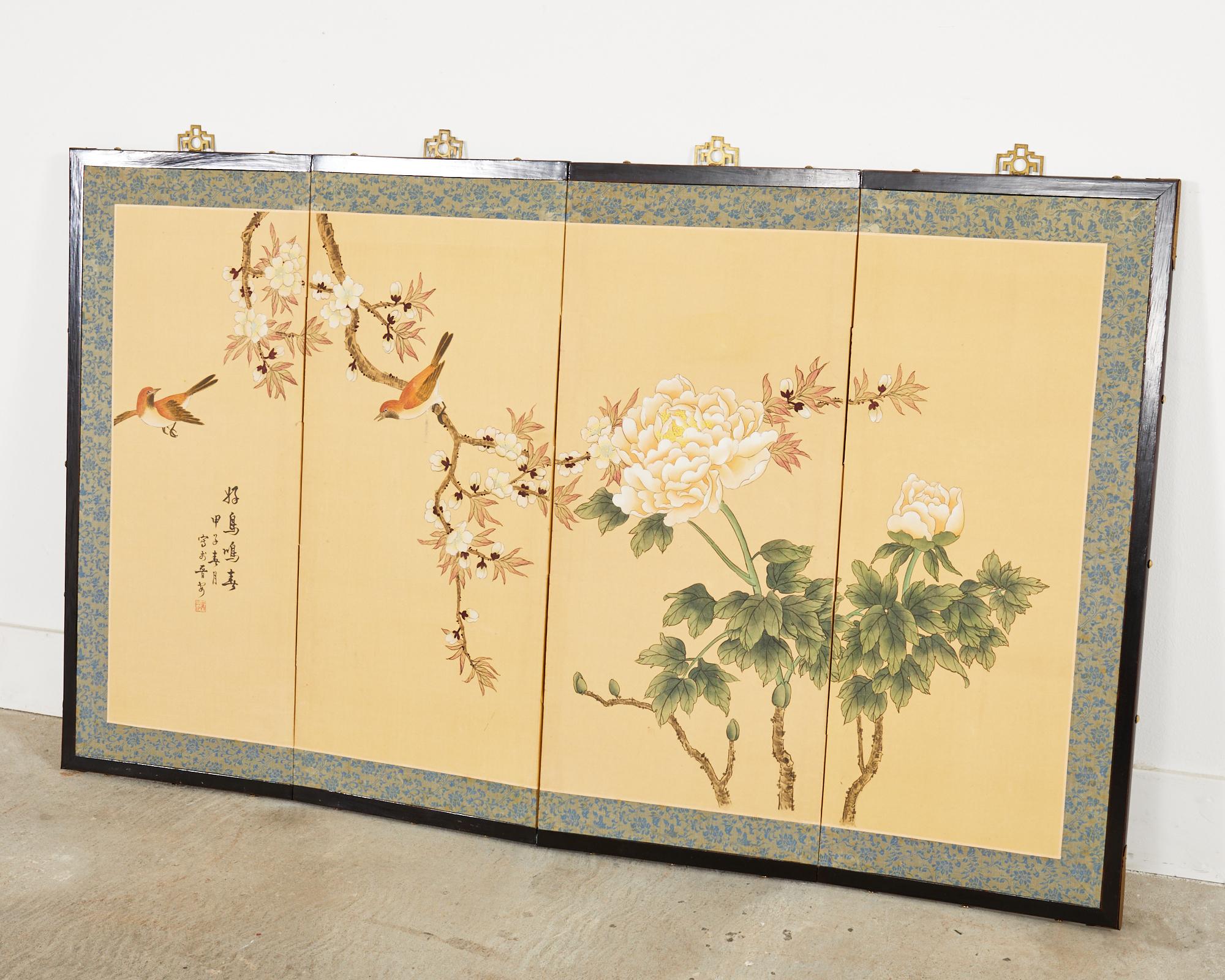 Japanese Style Four Panel Screen Spring Birds Singing For Sale 8