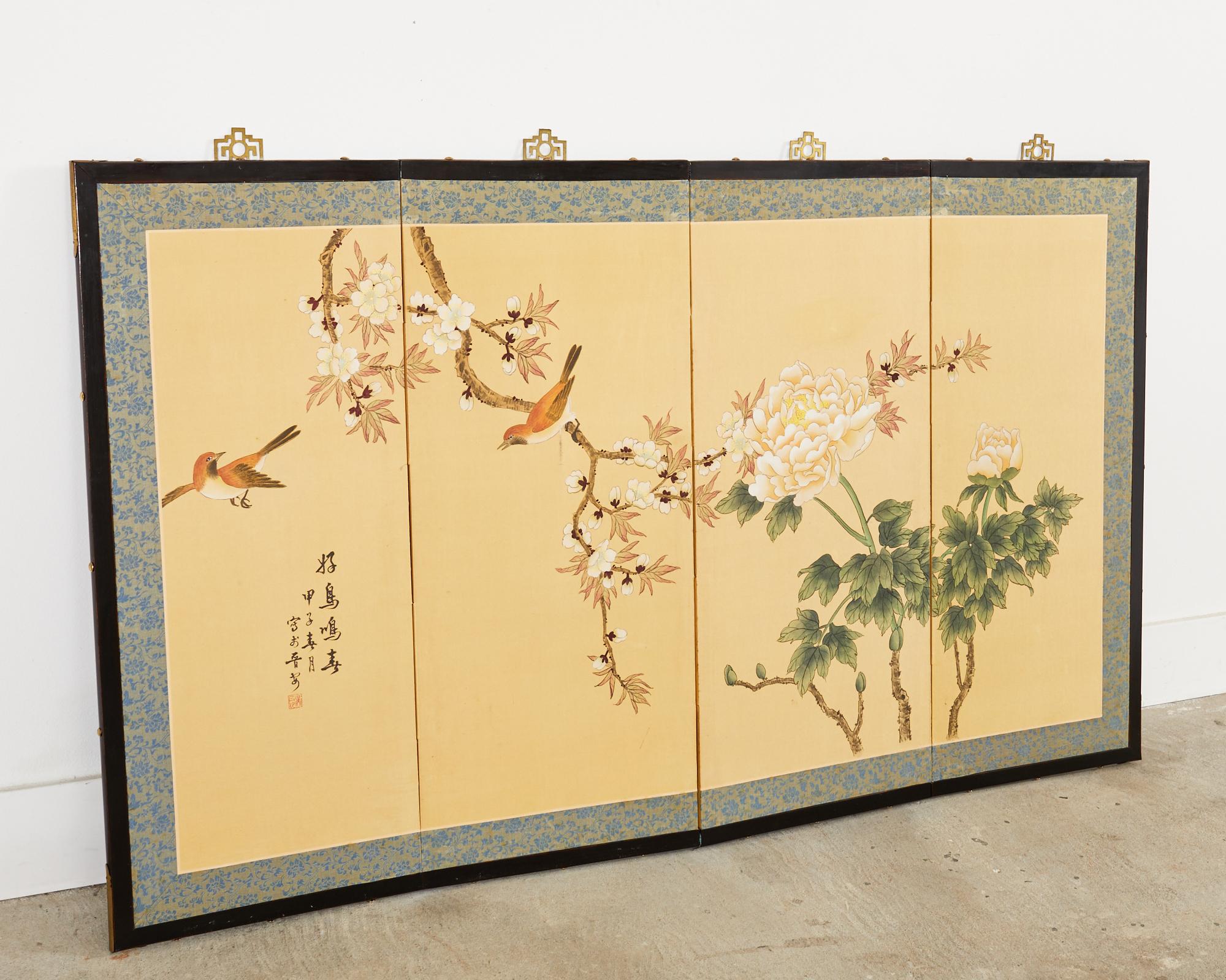 Japanese Style Four Panel Screen Spring Birds Singing For Sale 9