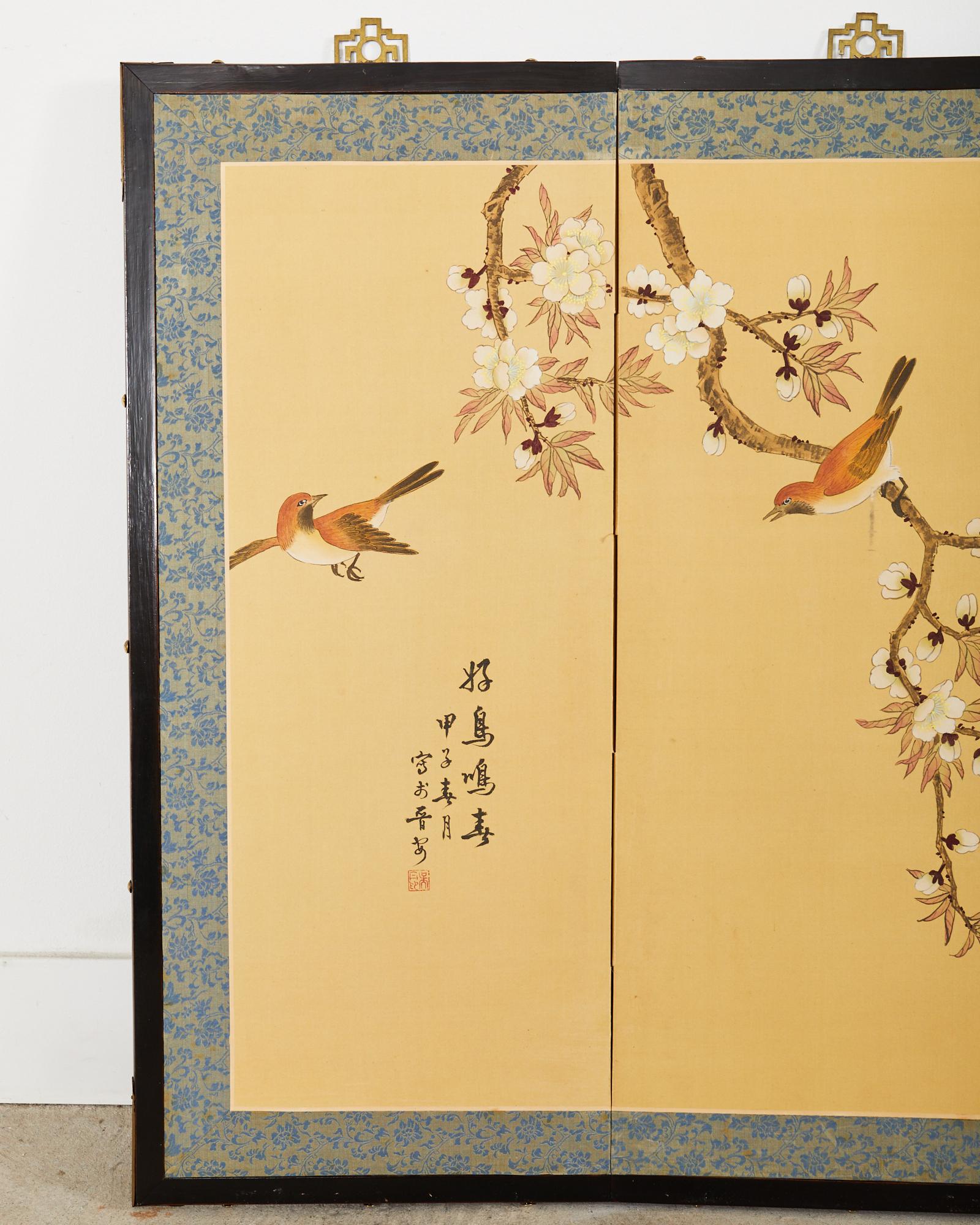 Showa Japanese Style Four Panel Screen Spring Birds Singing For Sale