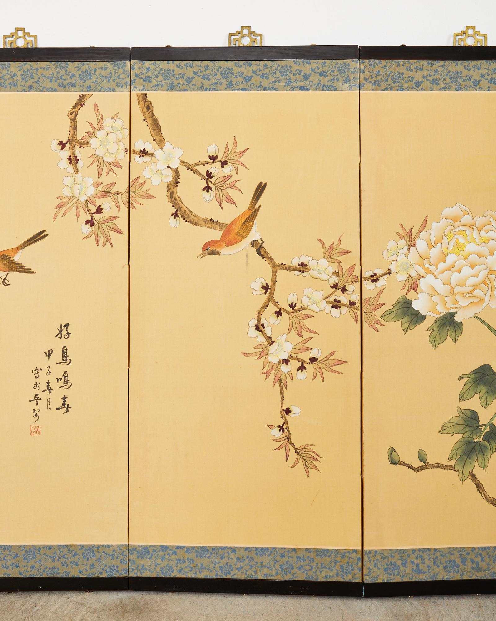 Chinese Japanese Style Four Panel Screen Spring Birds Singing For Sale
