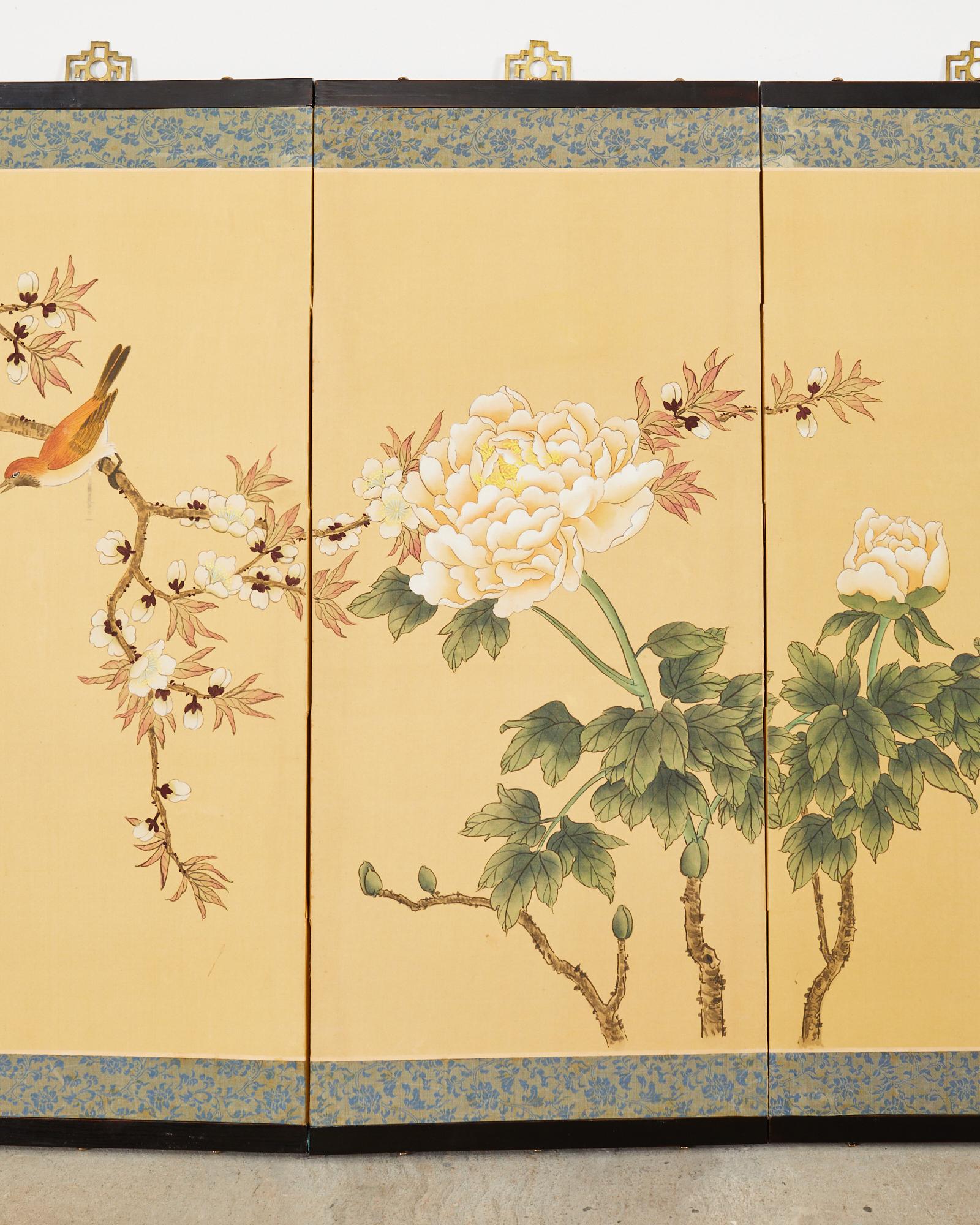 Hand-Crafted Japanese Style Four Panel Screen Spring Birds Singing For Sale