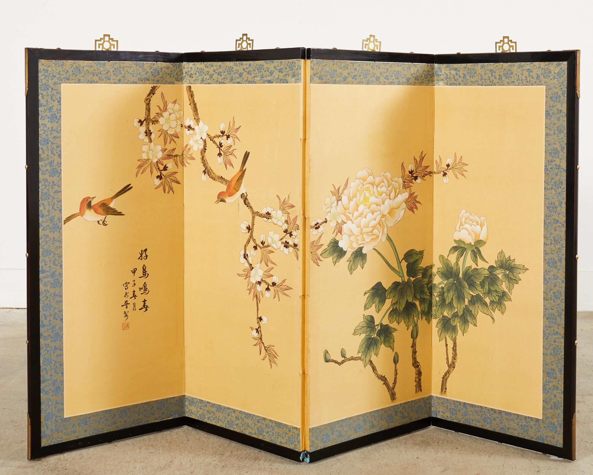 20th Century Japanese Style Four Panel Screen Spring Birds Singing For Sale