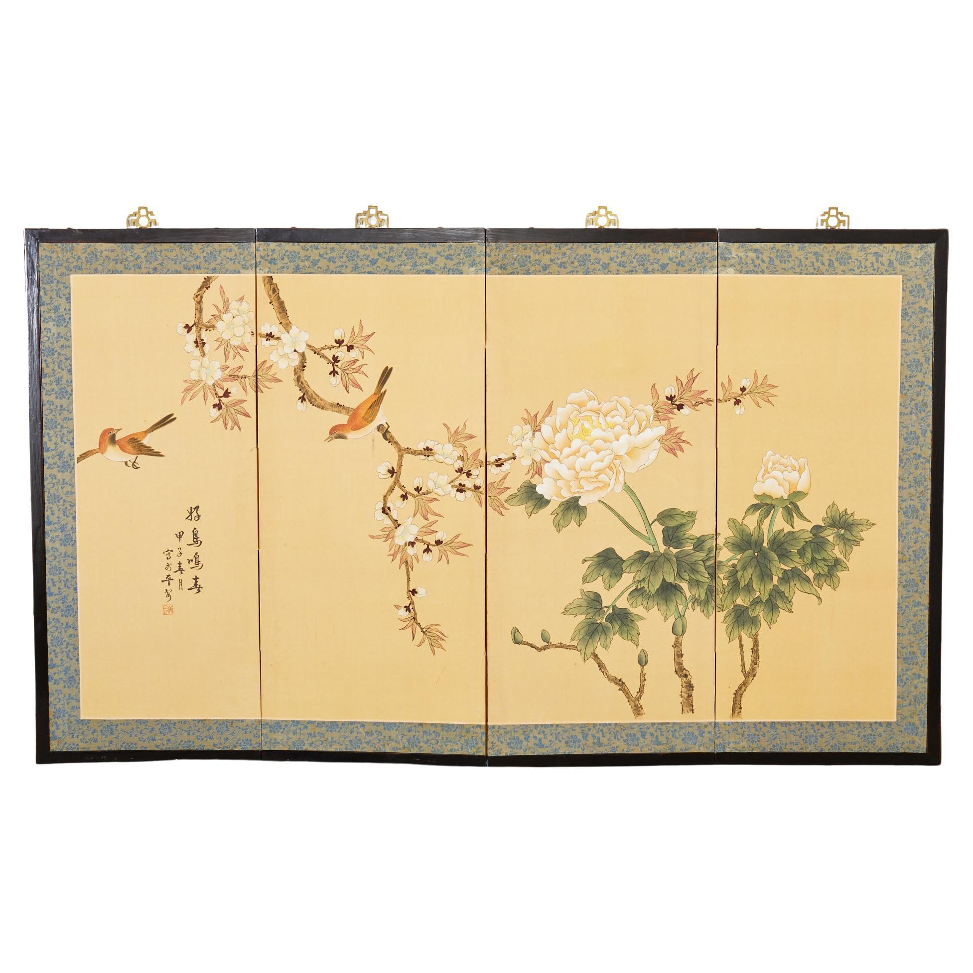 Japanese Style Four Panel Screen Spring Birds Singing For Sale