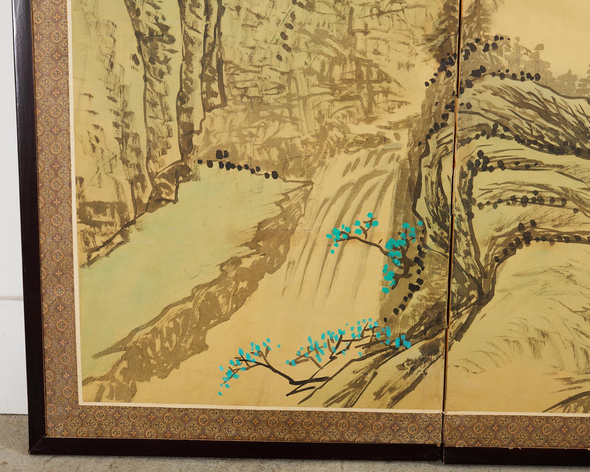 Japanese Style Four Panel Screen Turquoise River Landscape For Sale 6