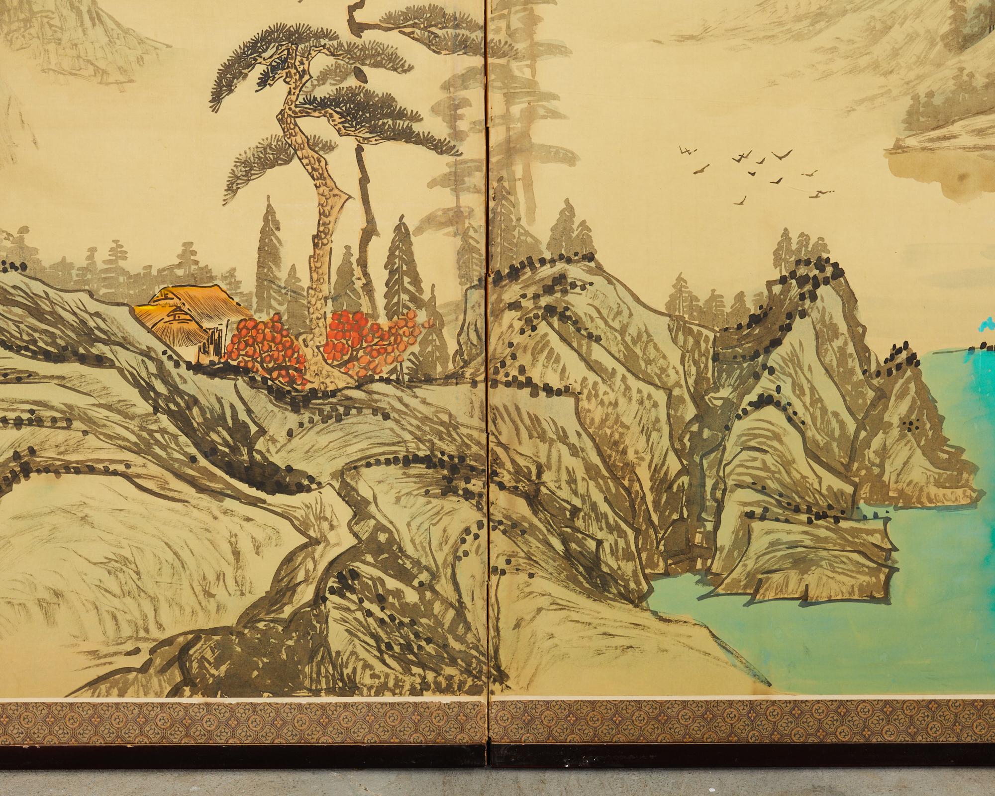 Japanese Style Four Panel Screen Turquoise River Landscape For Sale 7