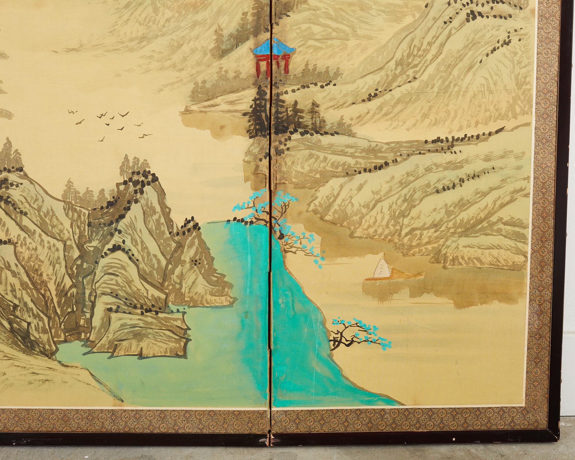 Japanese Style Four Panel Screen Turquoise River Landscape For Sale 8