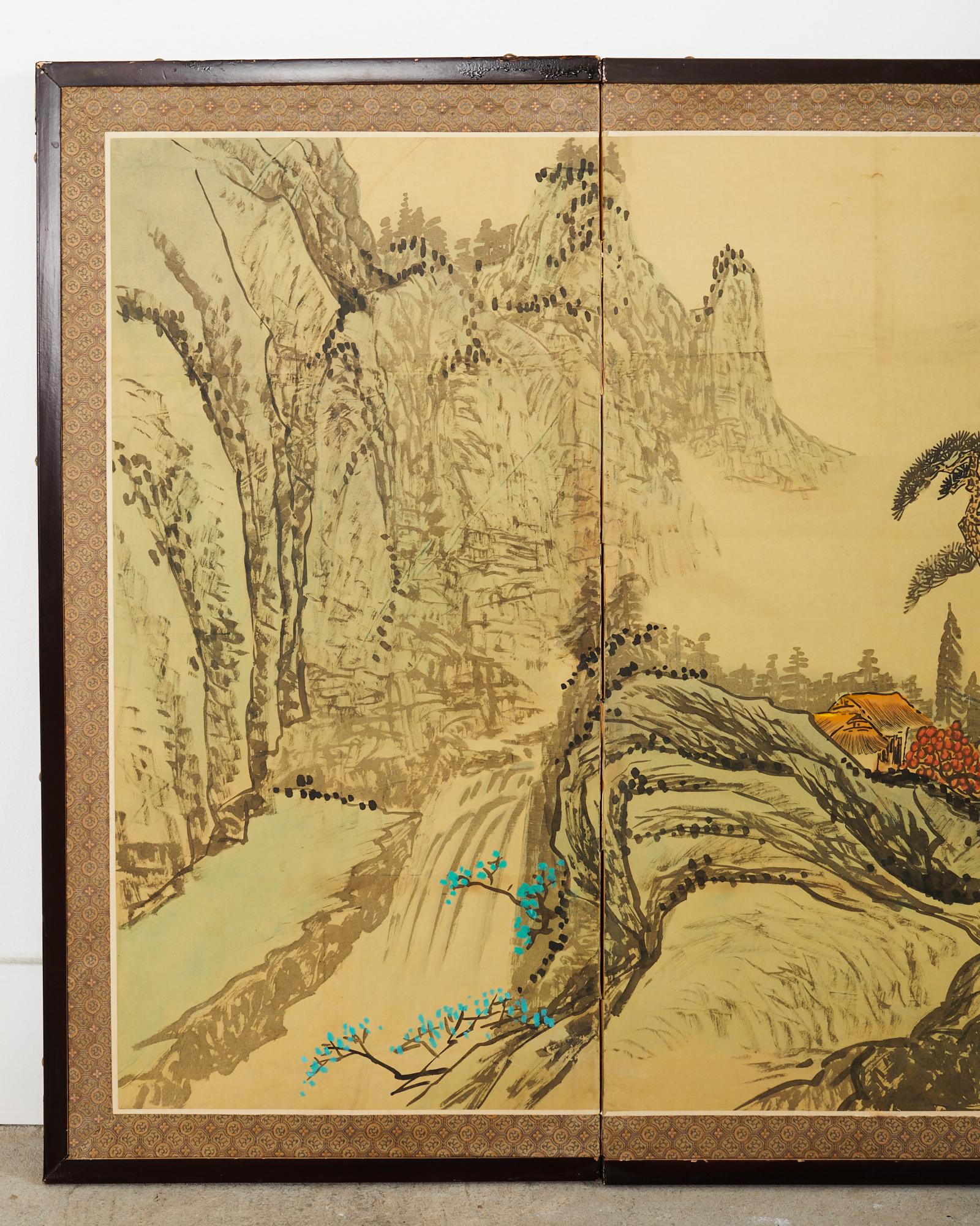 Showa Japanese Style Four Panel Screen Turquoise River Landscape For Sale