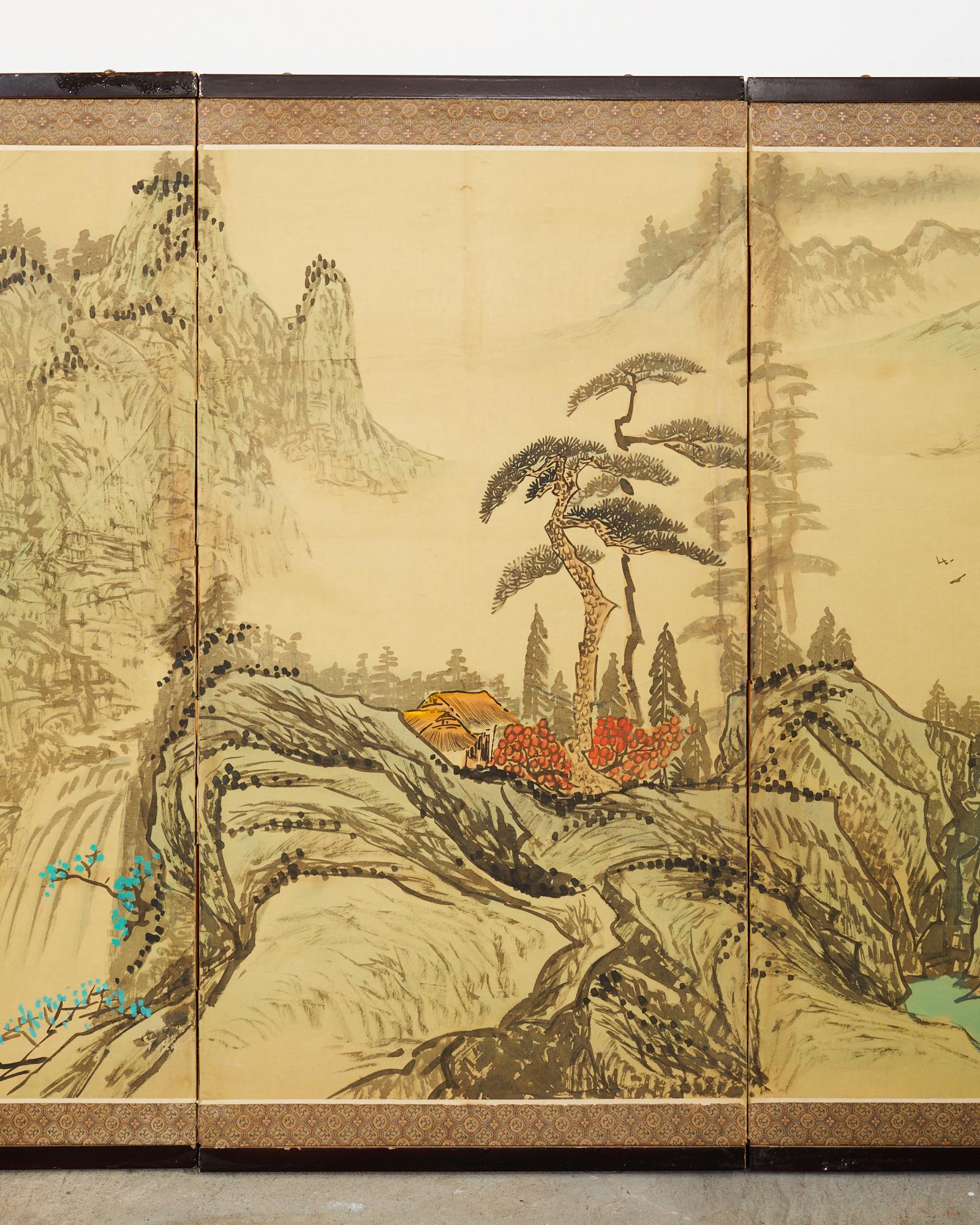 Korean Japanese Style Four Panel Screen Turquoise River Landscape For Sale