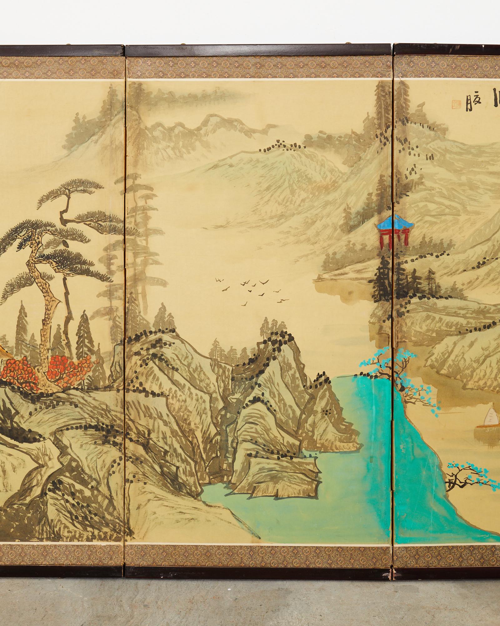 Hand-Crafted Japanese Style Four Panel Screen Turquoise River Landscape For Sale