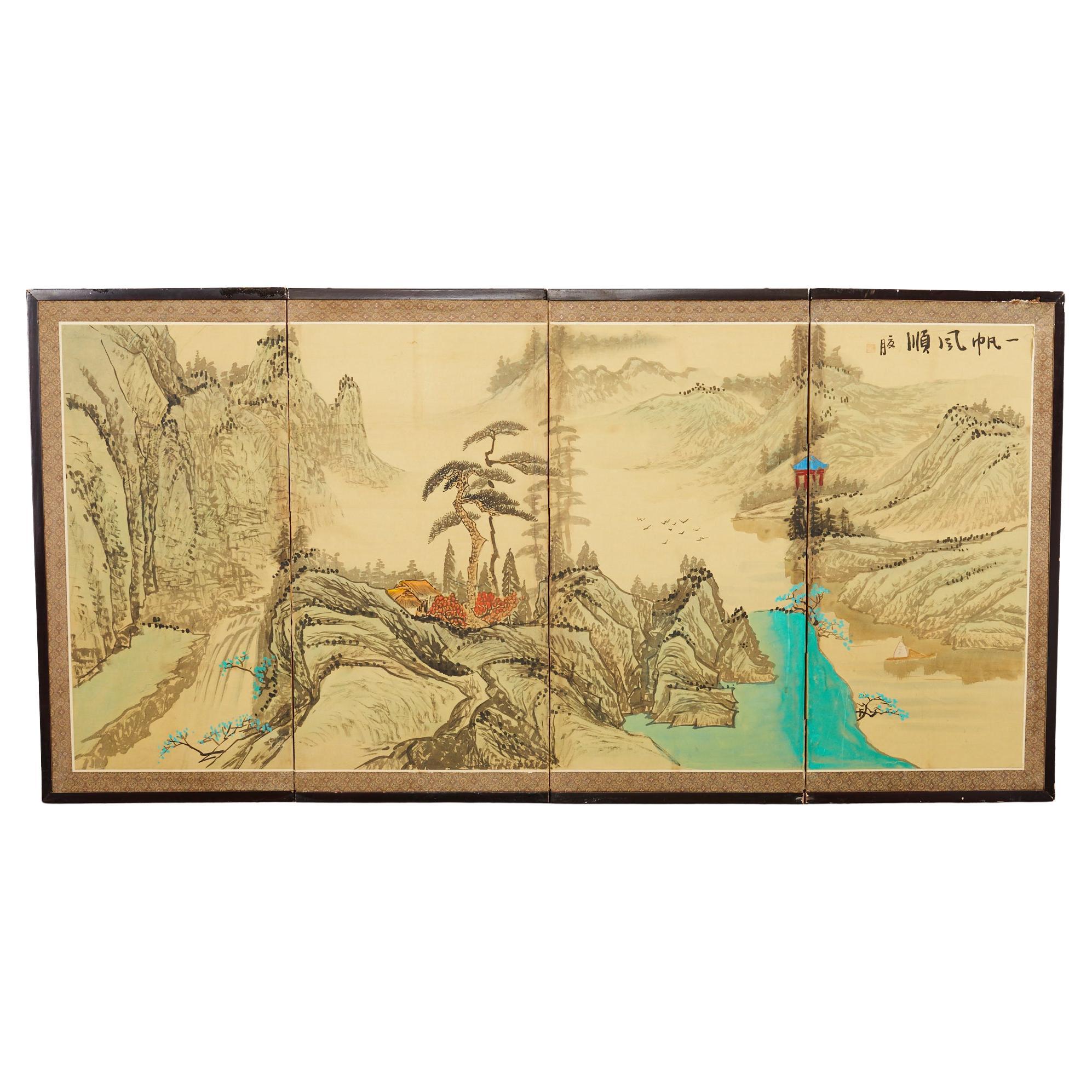 Japanese Style Four Panel Screen Turquoise River Landscape For Sale