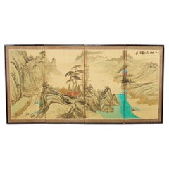 Antique Japanese Style Four Panel Screen Turquoise River Landscape