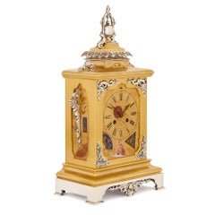 Japanese Style Gilt Brass Clock Set with Silvered Brass and Porcelain Mounts