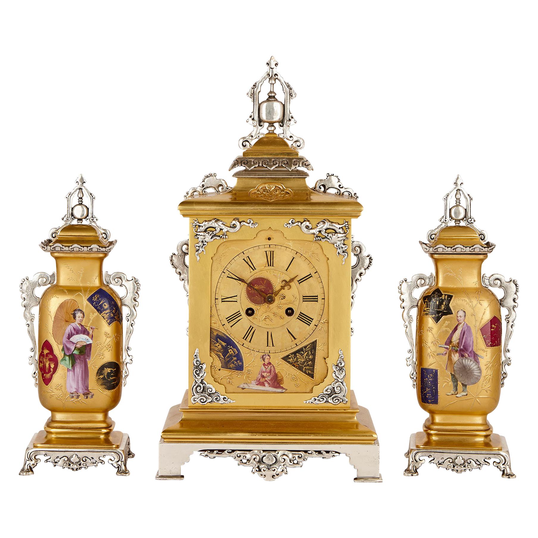 Japanese Style Gilt Brass Clock Set with Silvered Brass and Porcelain Mounts