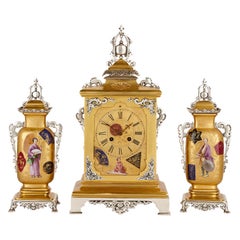 Antique Japanese Style Gilt Brass Clock Set with Silvered Brass and Porcelain Mounts