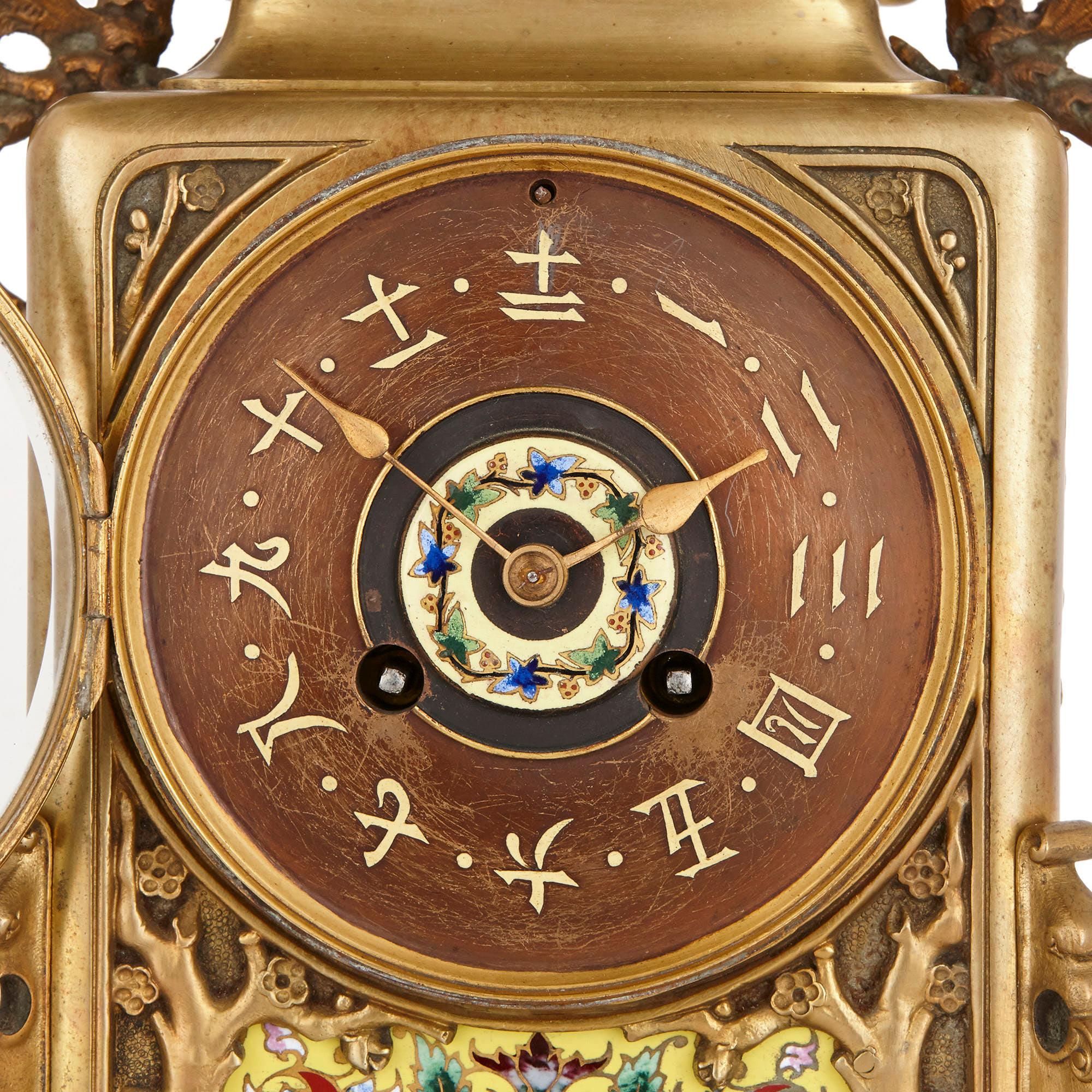 Japonisme Japanese Style Gilt Bronze and Enamel Clock Set  For Sale