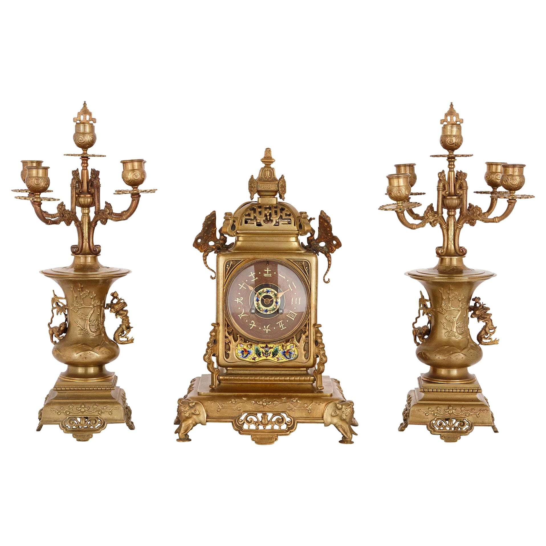 Japanese Style Gilt Bronze and Enamel Clock Set