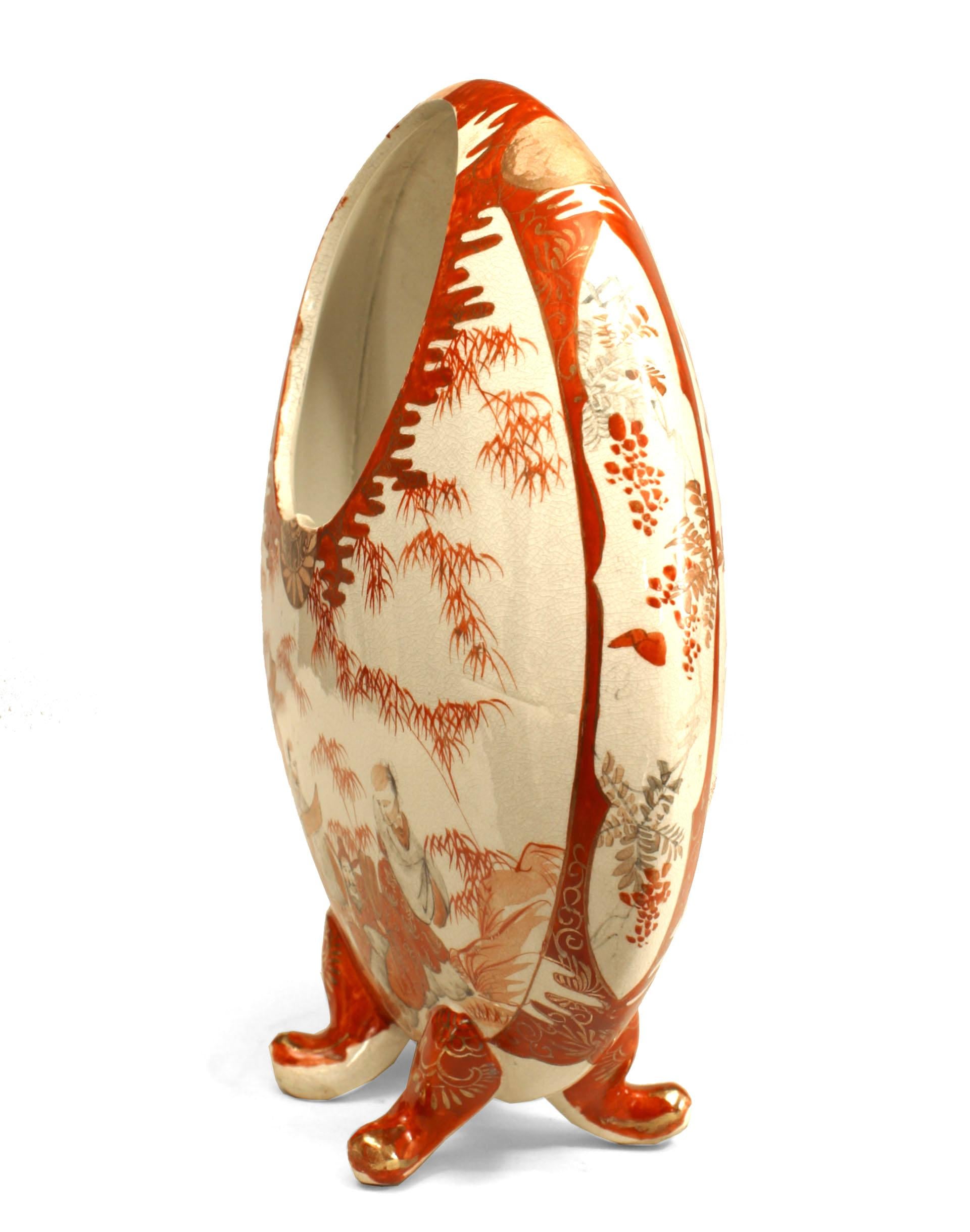 Japanese (19th Century) orange and white round shaped porcelain vase with handle top.
 