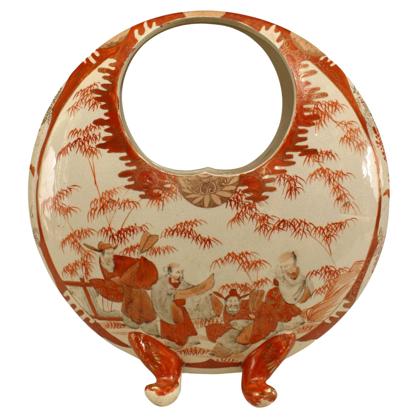 Vaso di porcellana rotondo bianco e arancione con manico in stile giapponese in vendita