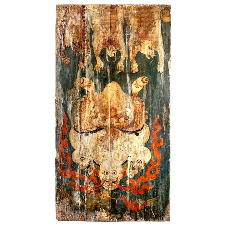 Japanese Style Painting on Tapestry and Wood For Sale at 1stDibs