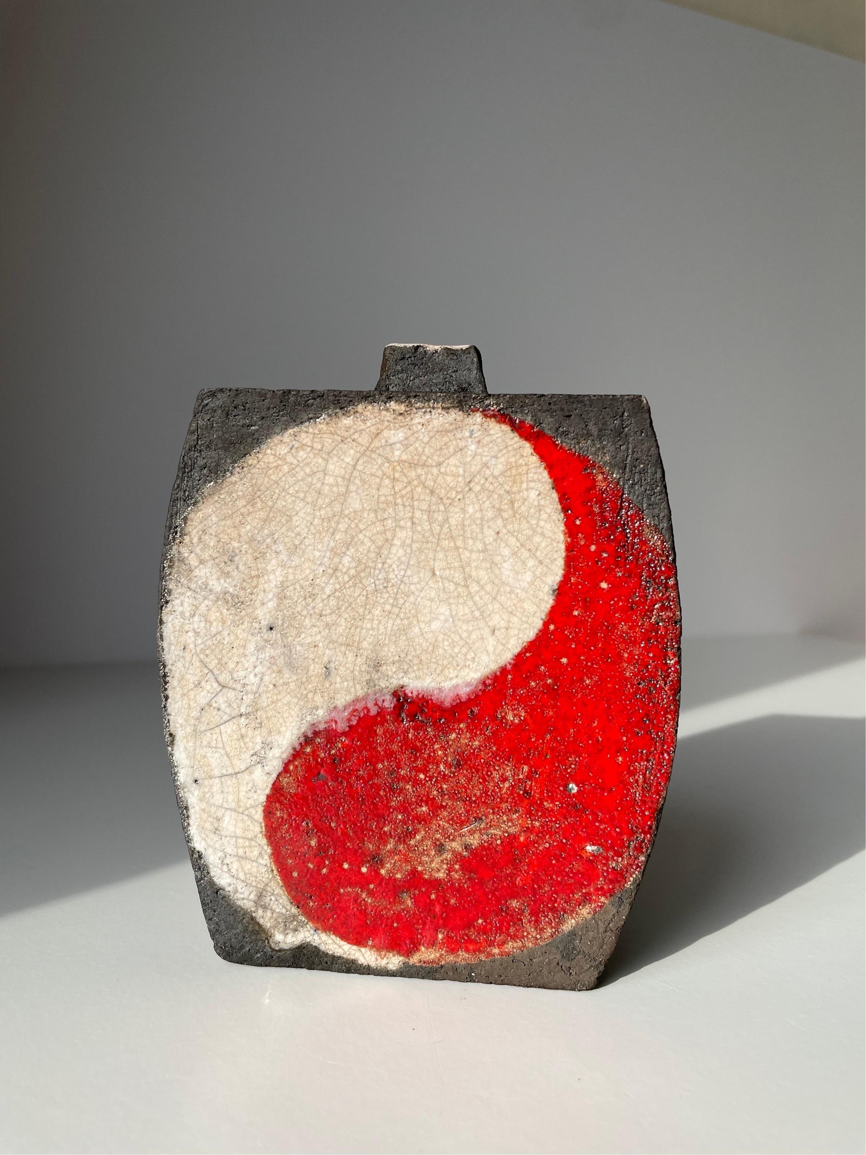 Japanese Style Raku Vase in Red White and Black For Sale 5