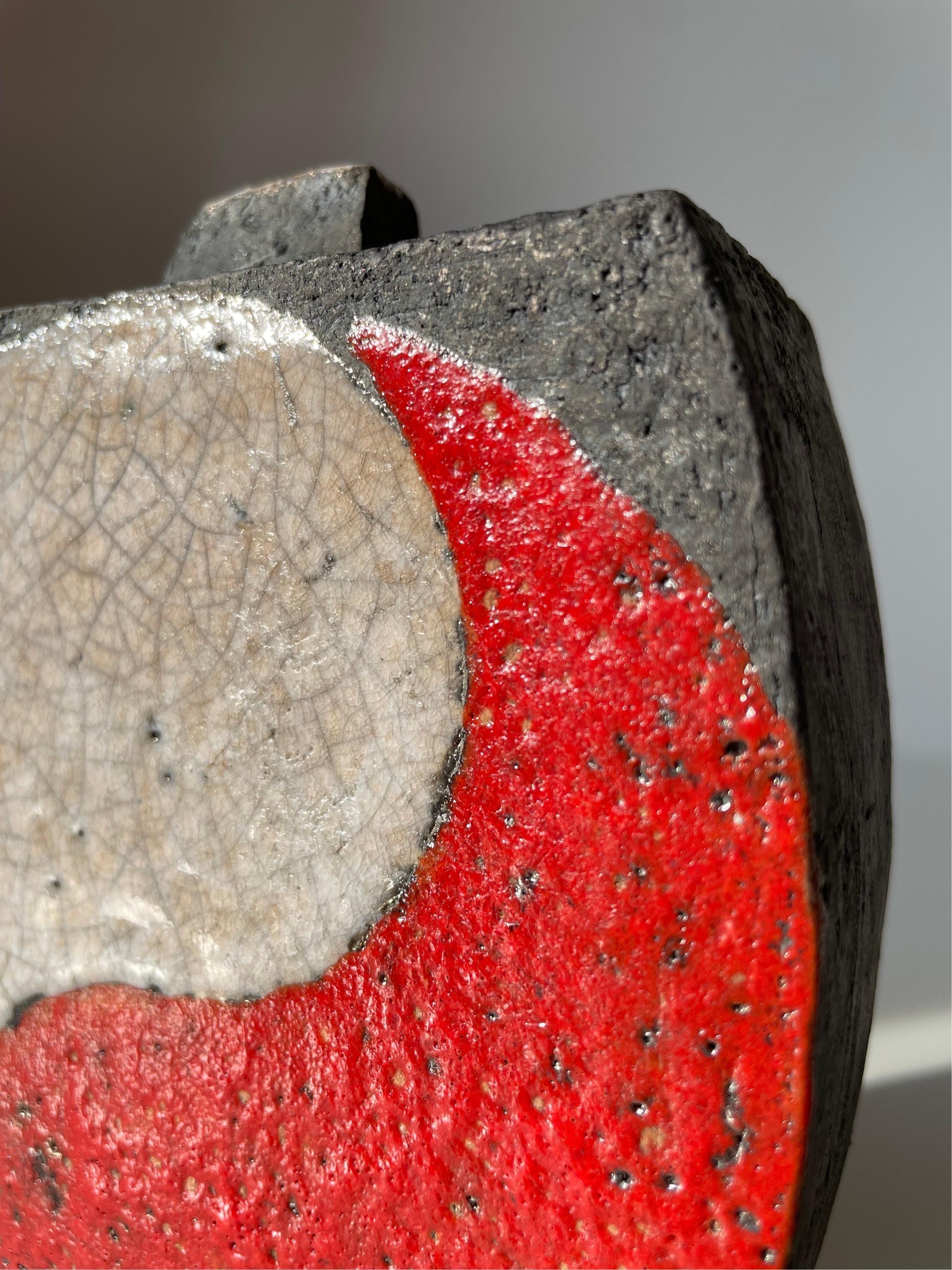 Ceramic Vintage Japanese Style Raku Vase in Red White and Black