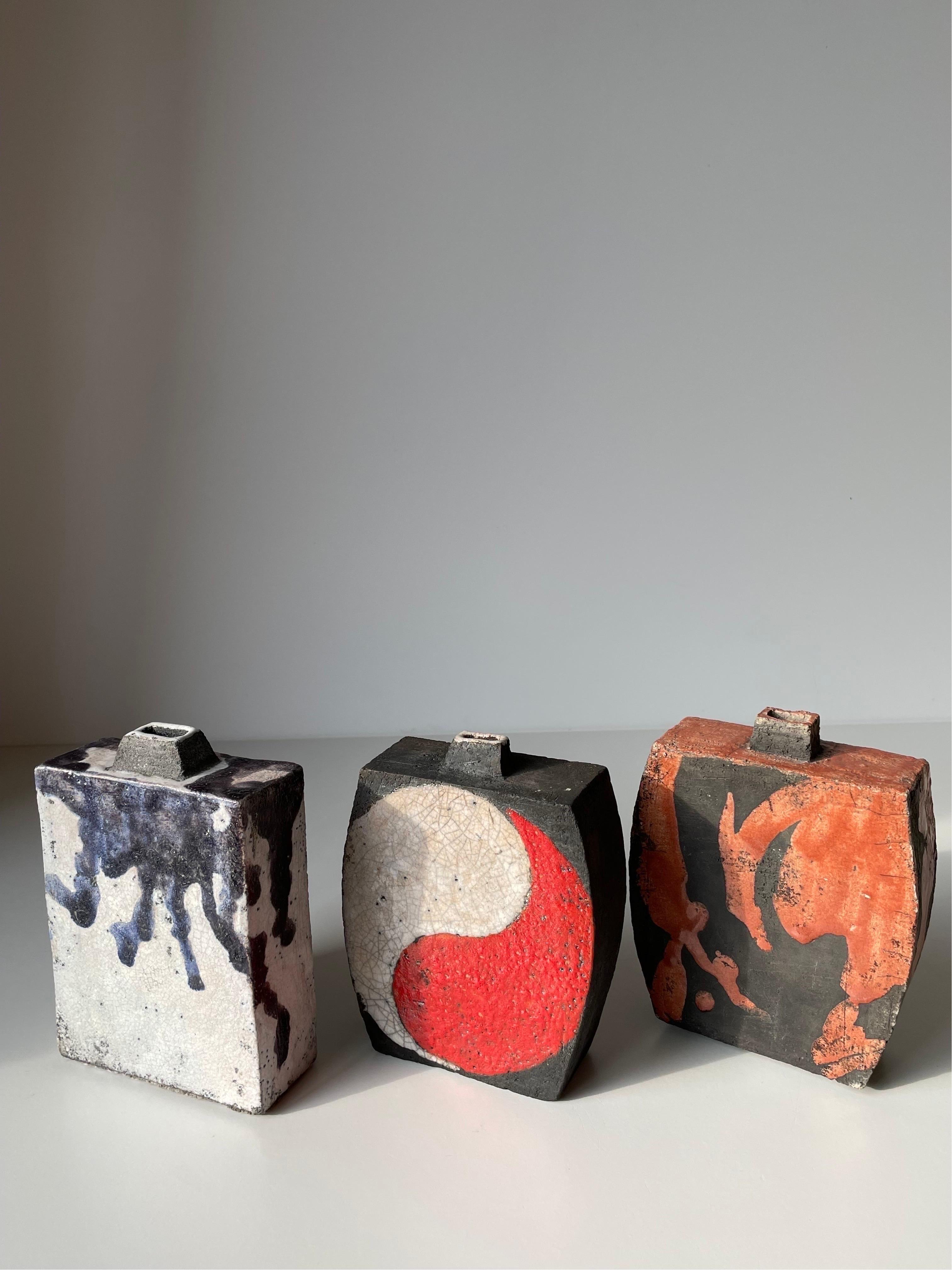 Japonisme Japanese Style Raku Vase in Red White and Black For Sale