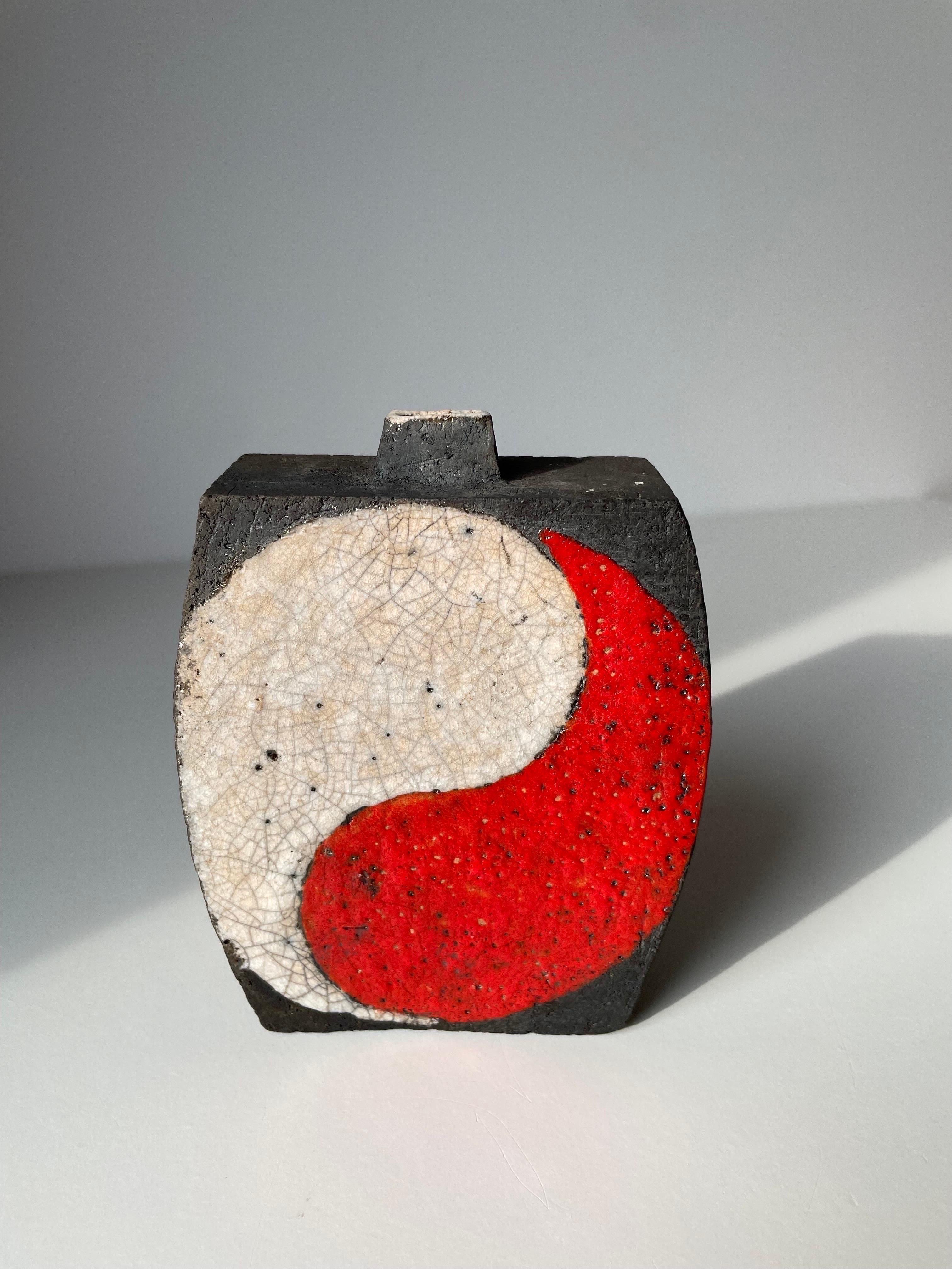 Danish Japanese Style Raku Vase in Red White and Black For Sale