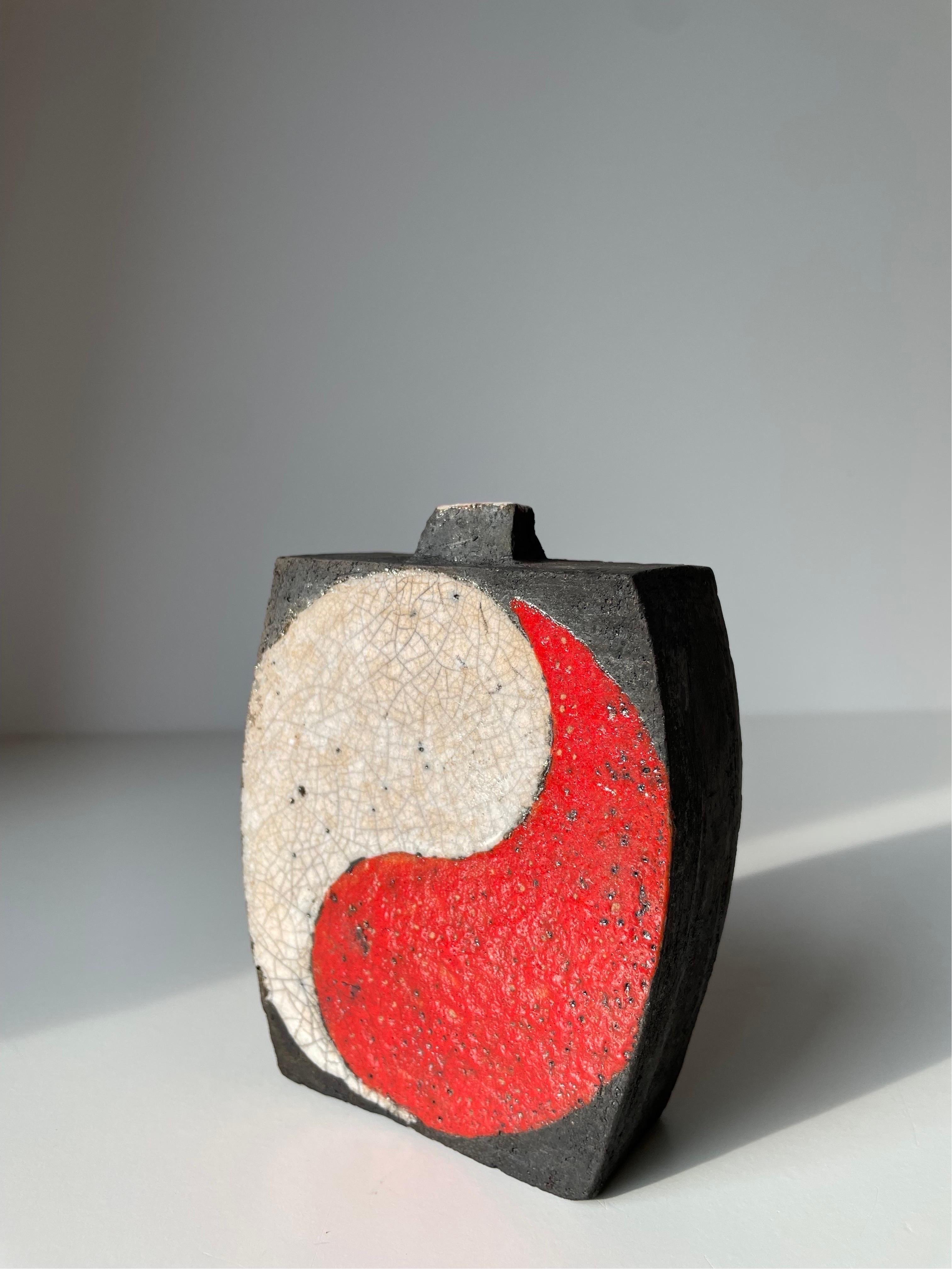 Japanese Style Raku Vase in Red White and Black For Sale 1