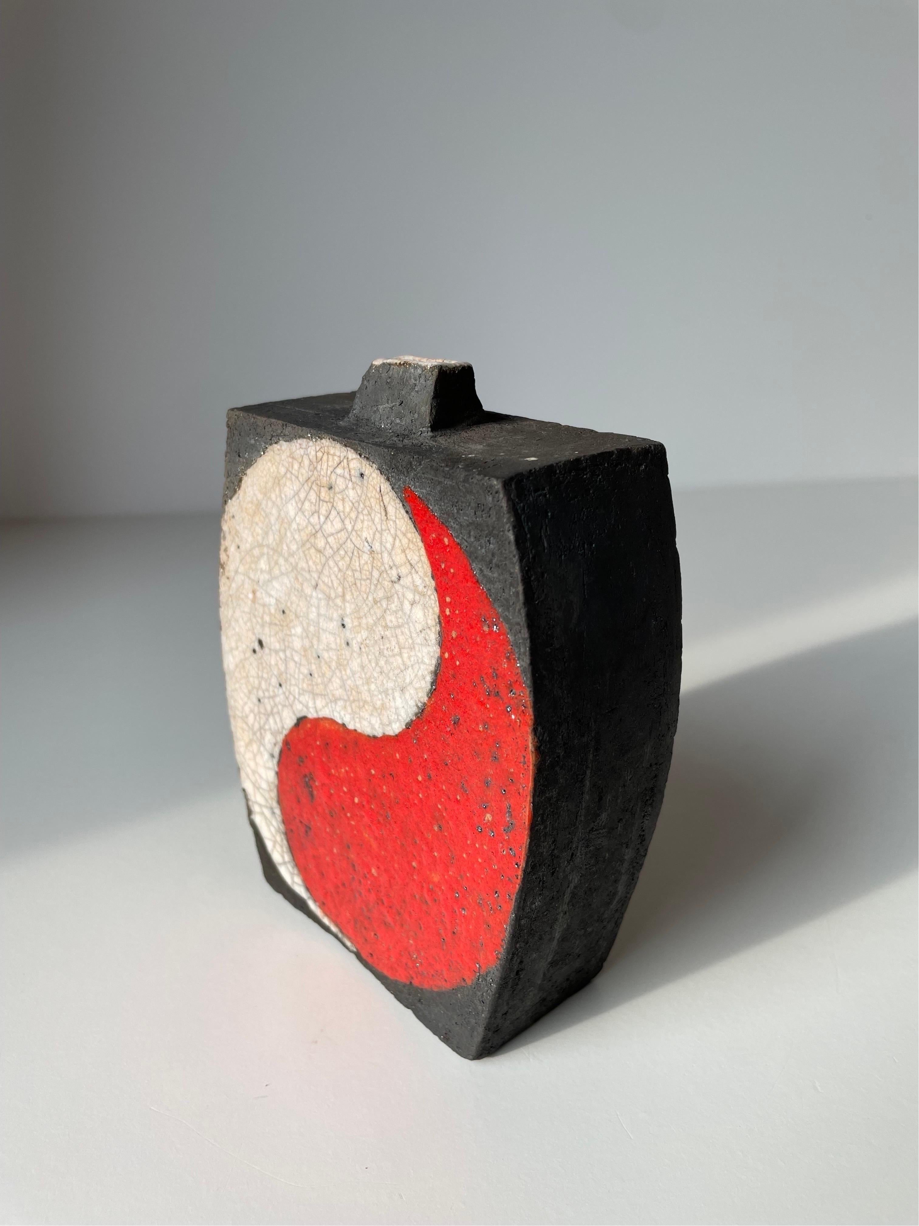 Japanese Style Raku Vase in Red White and Black For Sale 2