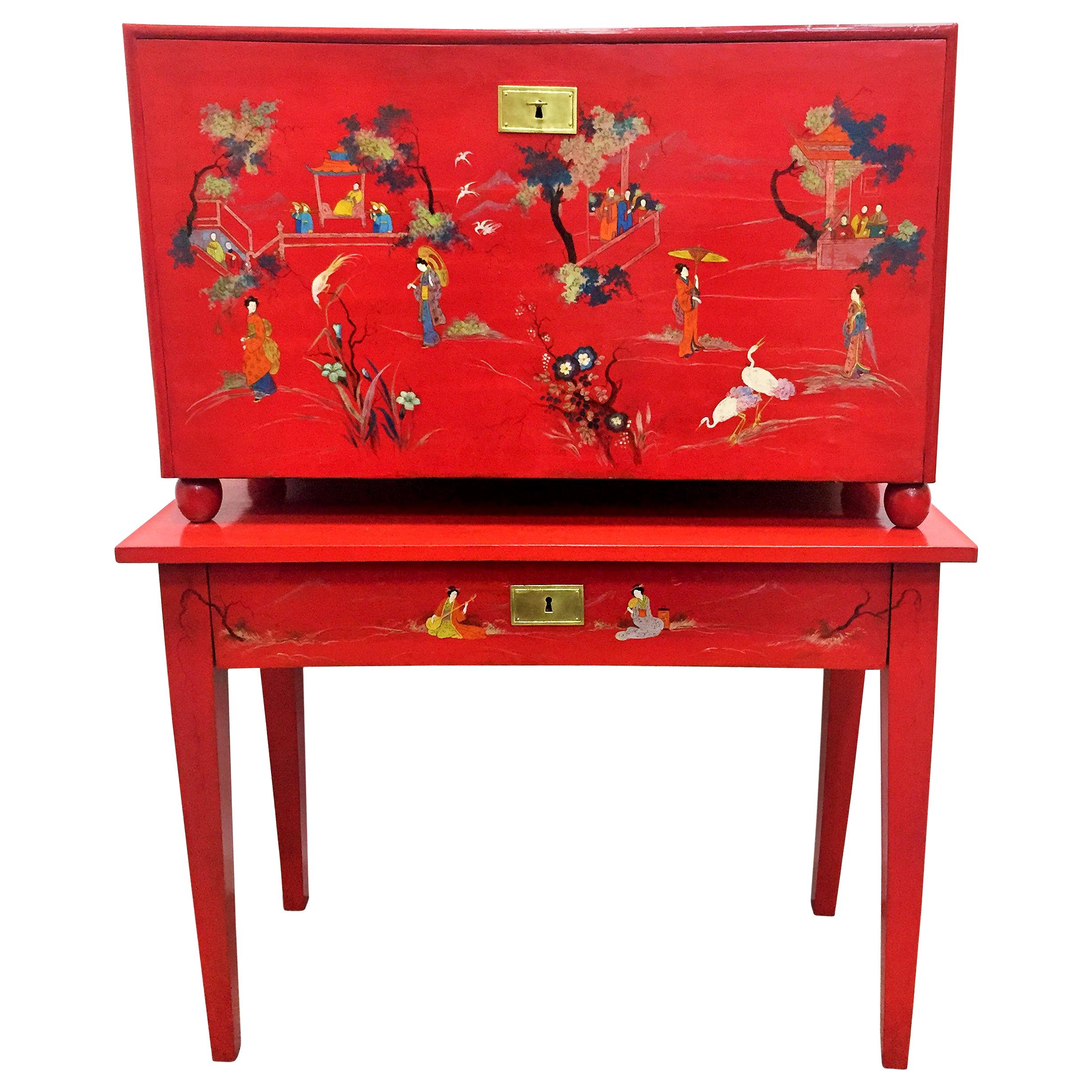 Japanese Style Red Lacquer Fall-Front Chest, 20th Century For Sale