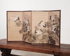 Japanese Style Showa Four-Panel Screen Cranes in Pine Trees
