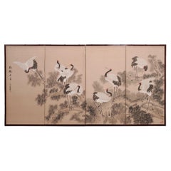 Japanese Style Showa Four-Panel Screen Cranes in Pine Trees