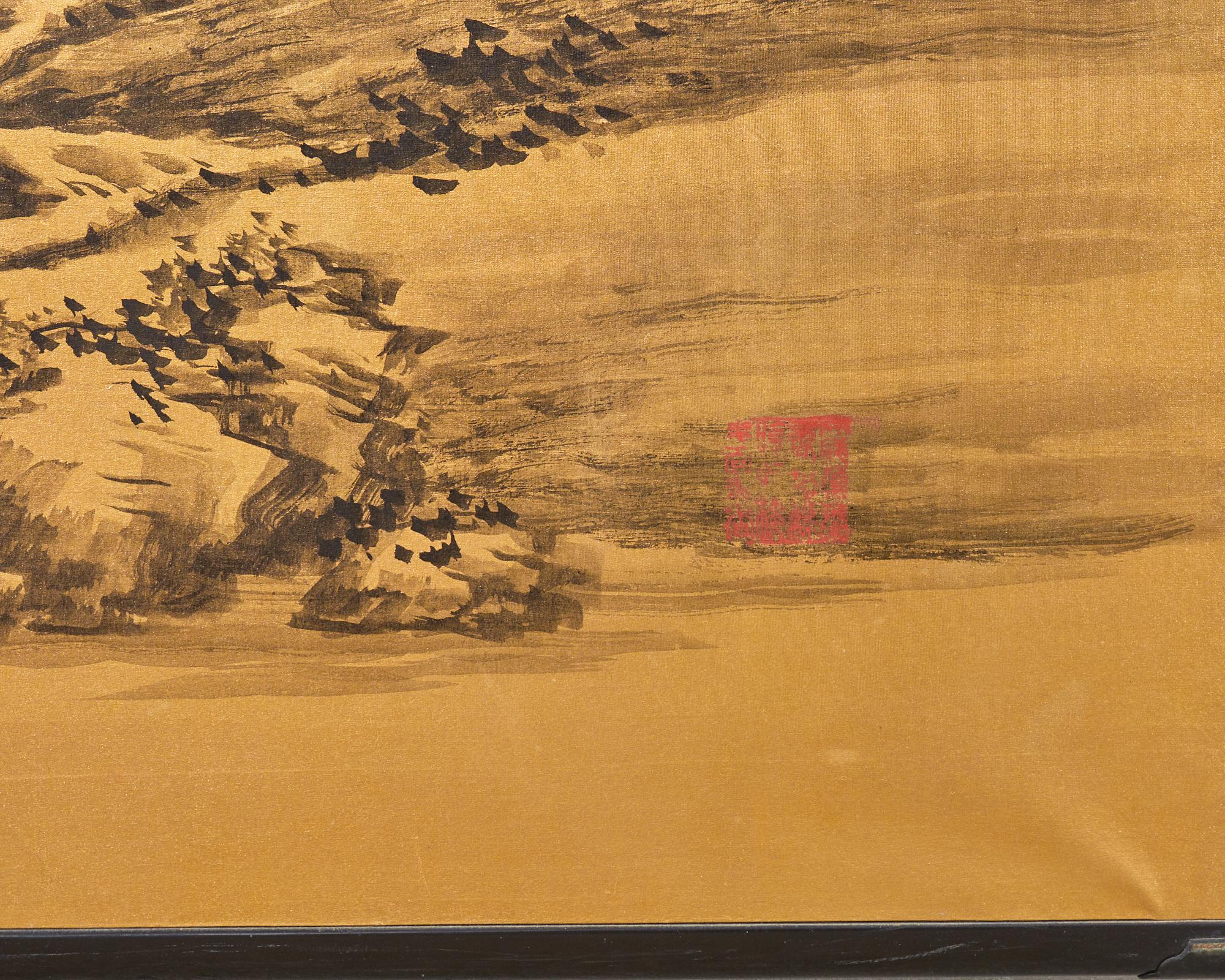 Japanese Style Showa Six Panel Screen Chinese Gilt Mountain Landscape For Sale 11