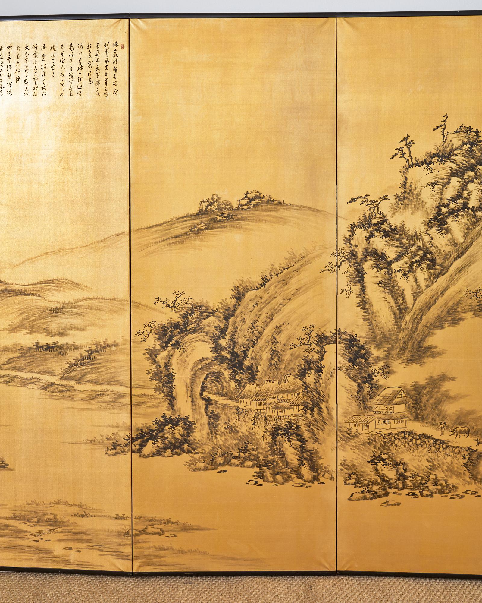 20th Century Japanese Style Showa Six Panel Screen Chinese Gilt Mountain Landscape For Sale