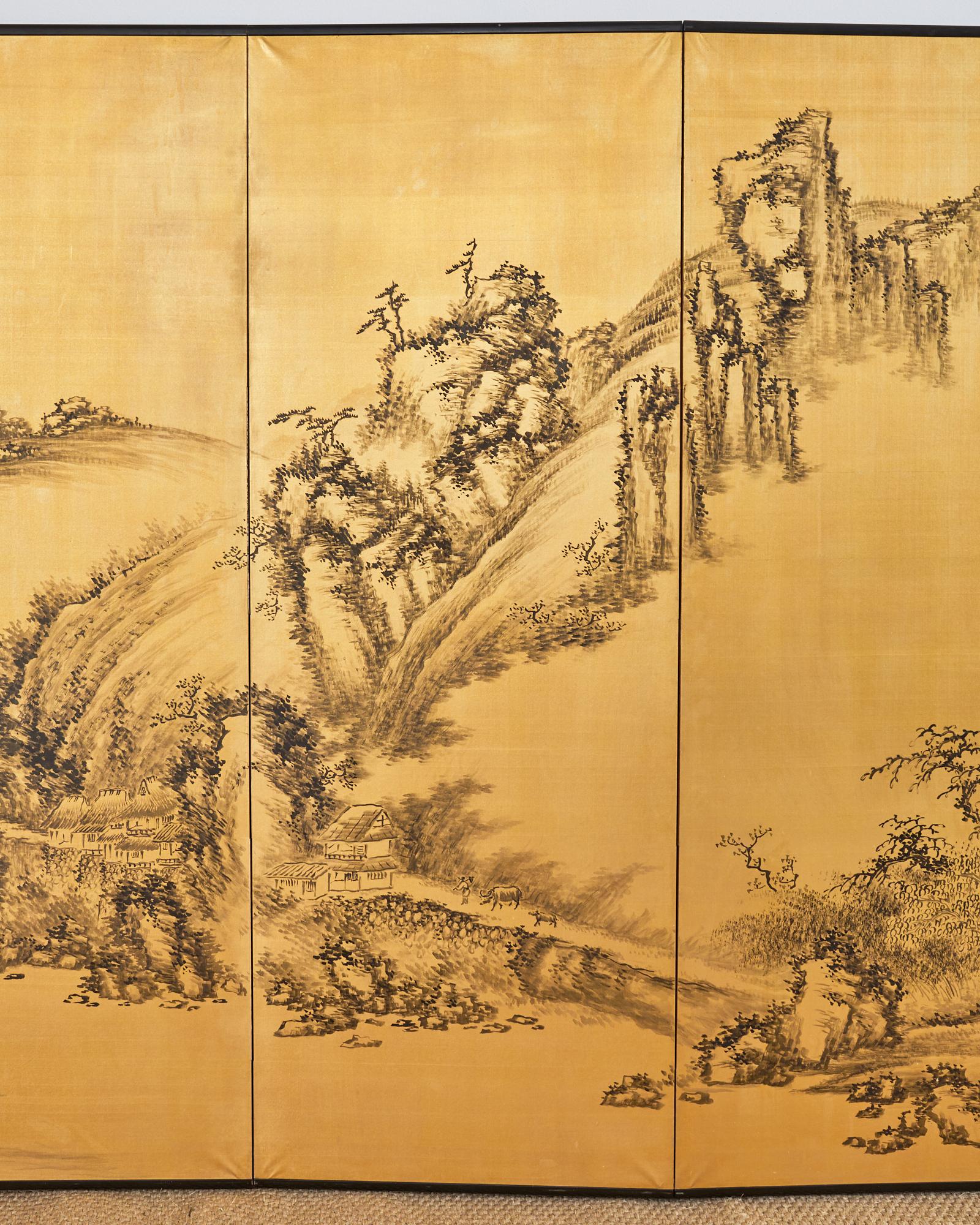Wood Japanese Style Showa Six Panel Screen Chinese Gilt Mountain Landscape For Sale